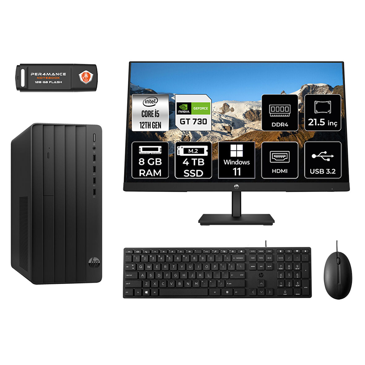 HP PRO TOWER 290 G9 MA5EAD355 i5 12500 8GB RAM 4TB SSD GT730 4GB 21.5" W11H MASAÜSTÜ PC