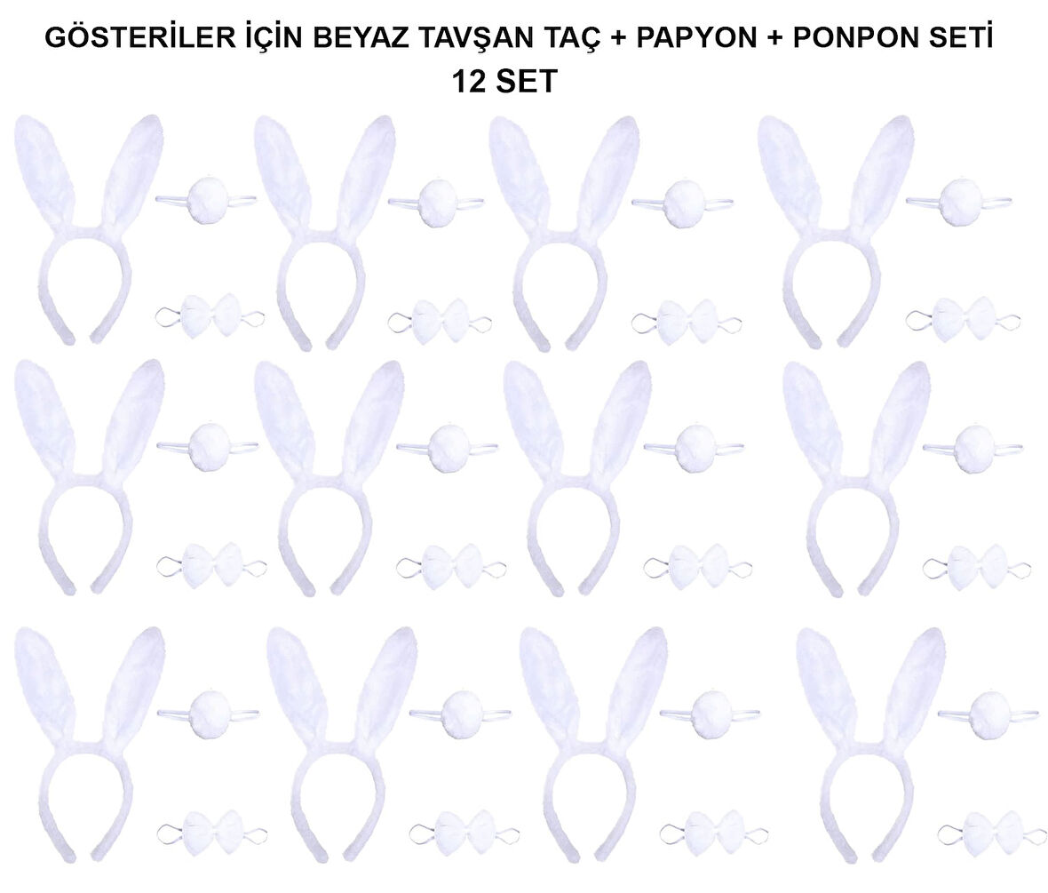 Beyaz Tavşan Kostüm Seti – Taç, Papyon, Kuyruk (12’li Paket)