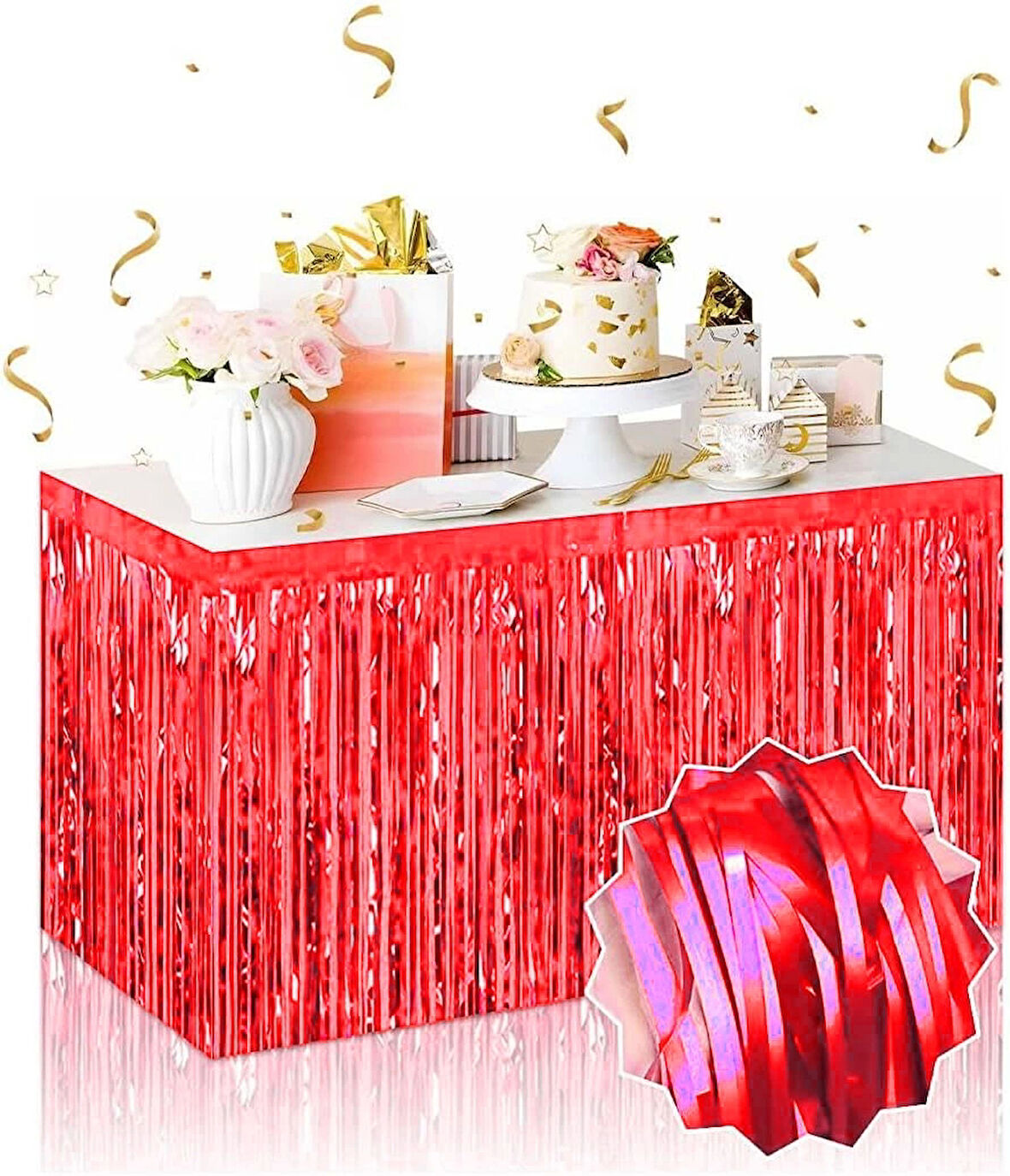 Kendinden Yapışkanlı Kırmızı Metalize Püsküllü Masa Eteği