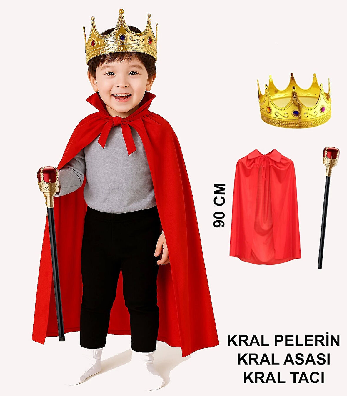 Çocuk Kral Kostüm Seti – Kırmızı Pelerin, Taç ve Asa (90 cm)