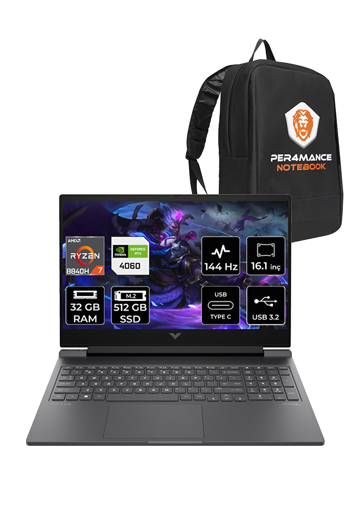 HP Victus 16 R7 8845HS 32GB 512GB SSD RTX4060/8GB 144Hz FHD 16.1'' FDOS Gaming Laptop & PER4 ÇANTA
