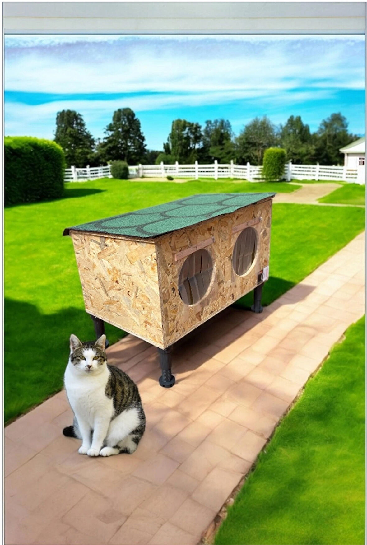 Kedi evi kedi yuvası kedi Barınağı iki bölmeli iki yetişkin kedili su ve ısı yalıtımlı çatısı açılabilir yüksek ayaklı
