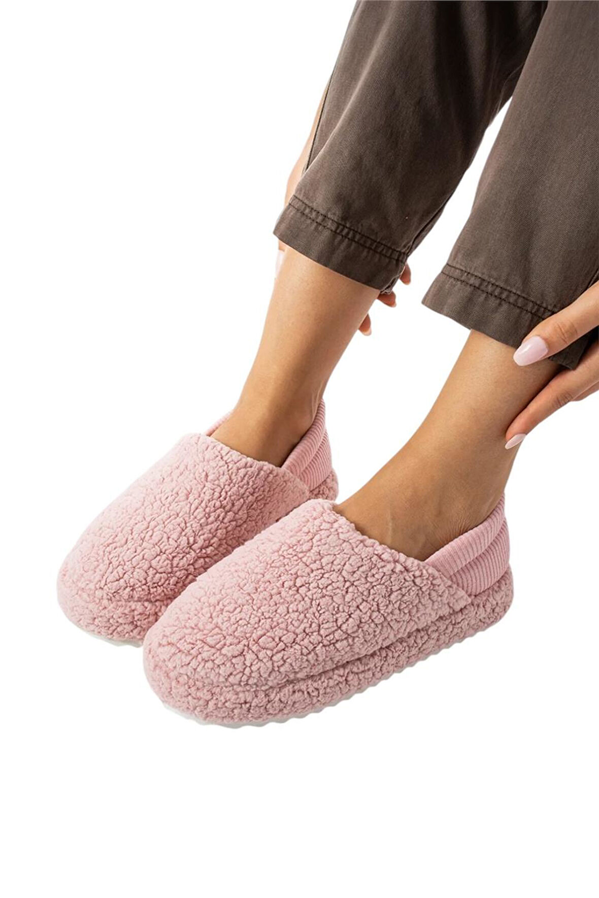 Kadın Lastikli Kaymaz Taban Peluş Havlu Kumaş Ev Ayakkabısı Panduf PUDRA