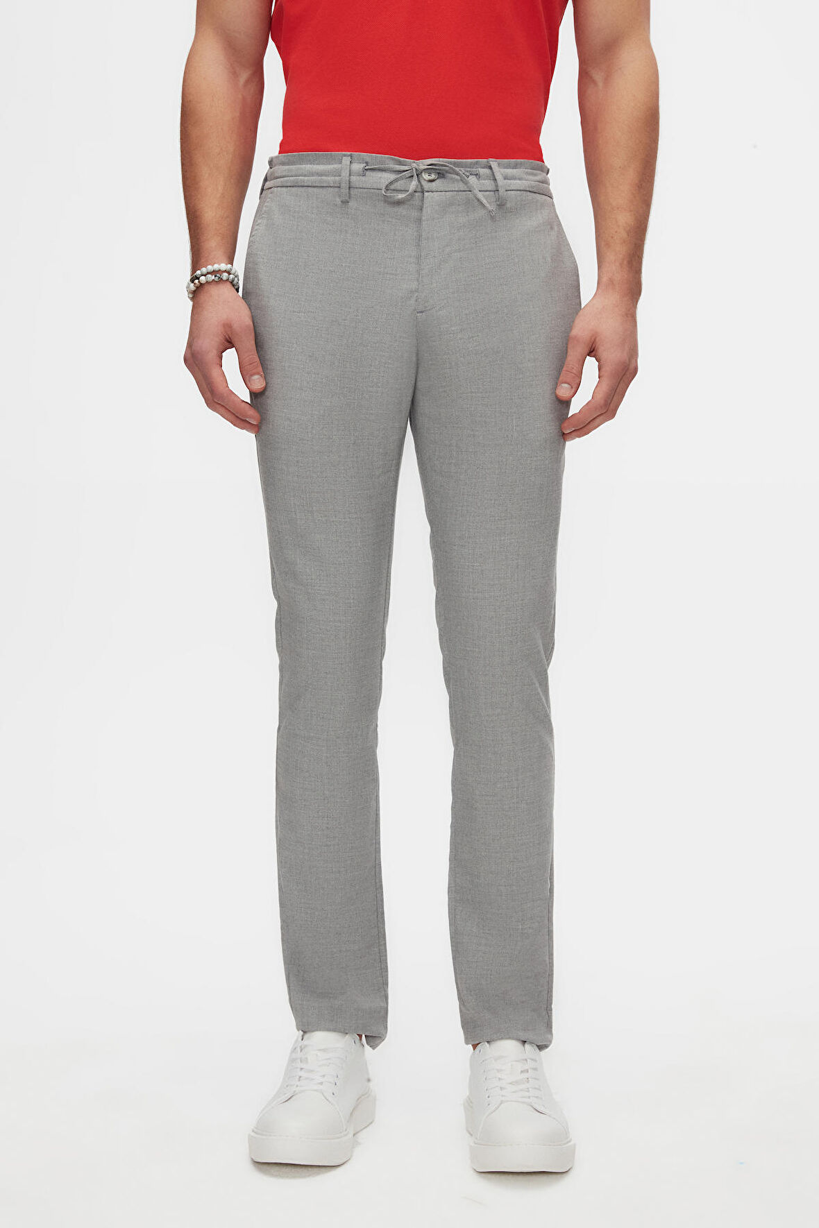 D'S Damat Slim Fit Gri Beli Lastikli Bağcıklı Fermuarlı Likralı Rahat Jogger Pantolon 2HC03ORTJGR01