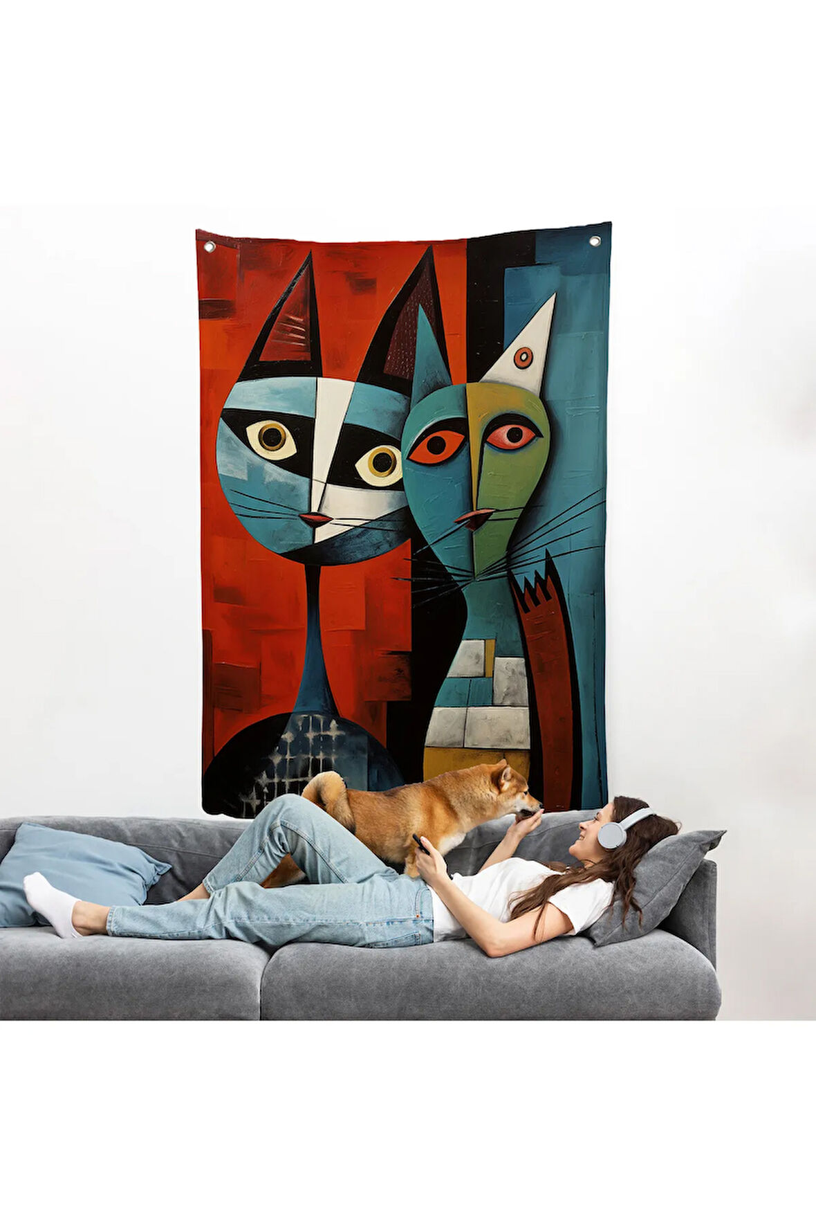 Pablo Picasso Tarzı - Soyut Renkli Kedi Duvar Örtüsü-7370