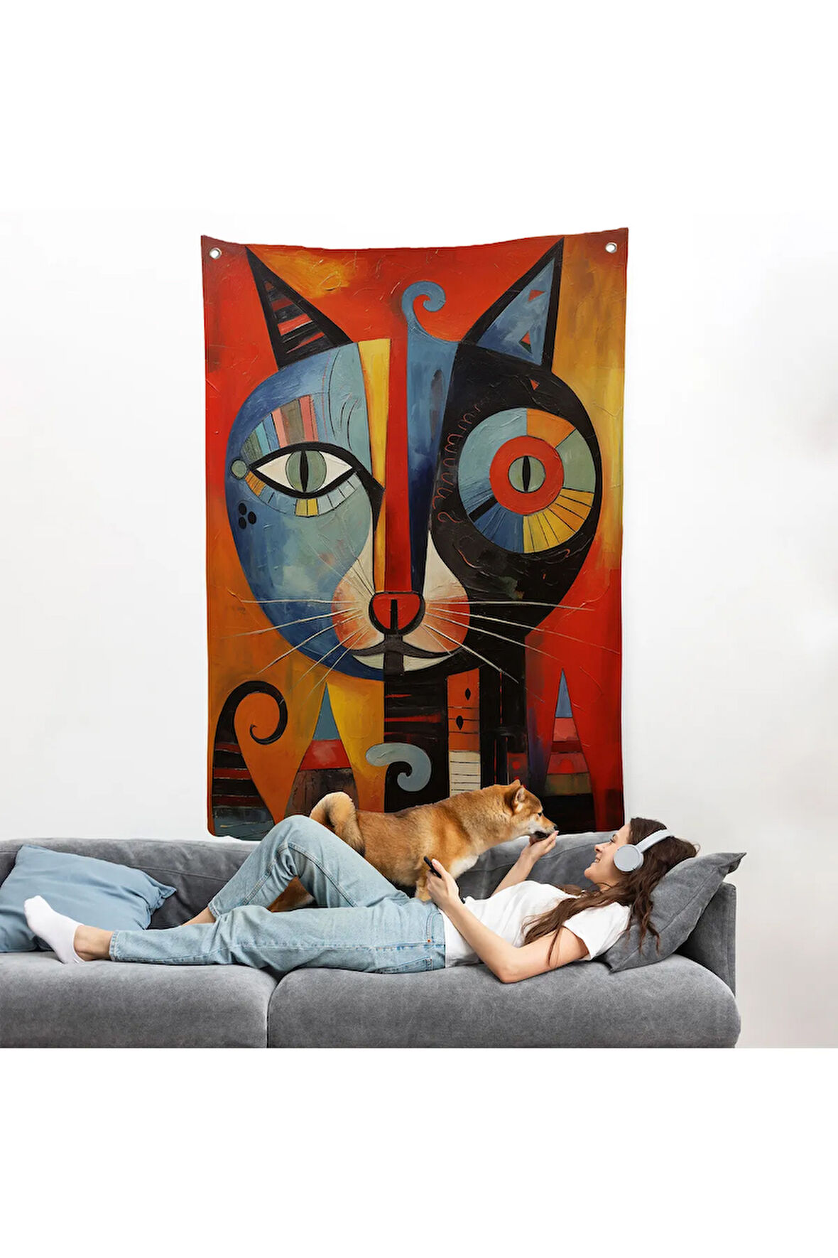Pablo Picasso Tarzı - Soyut Renkli Kedi Duvar Örtüsü-7371