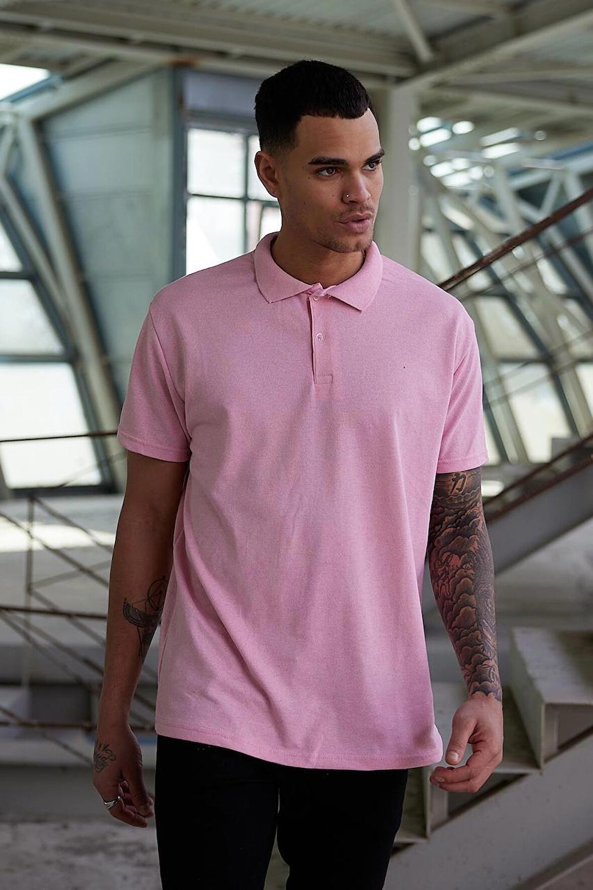 Erkek Pembe Polo Yaka Düz Regular Tarz Günlük Şık T-Shirt