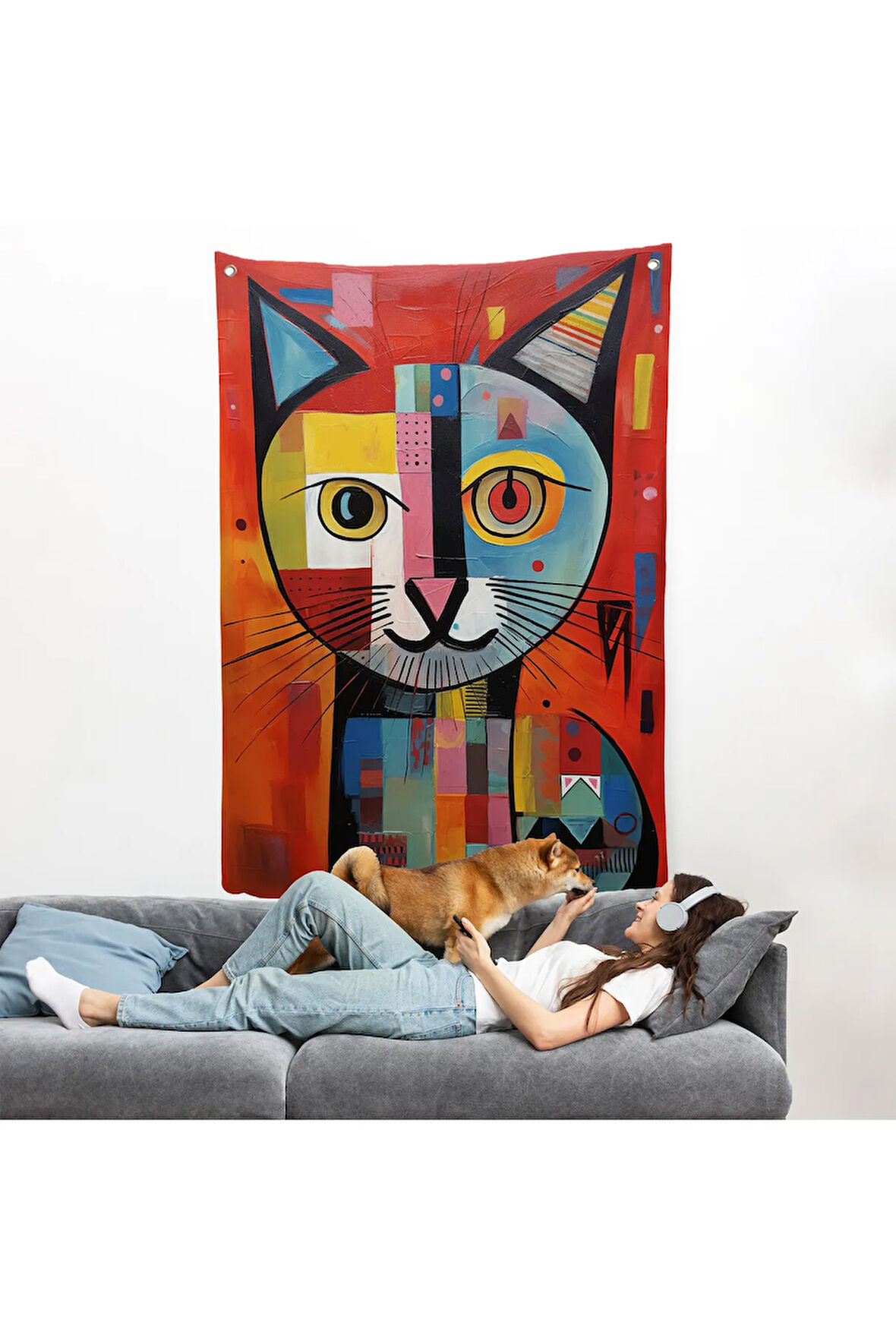 Pablo Picasso Tarzı - Soyut Renkli Kedi Duvar Örtüsü-7372