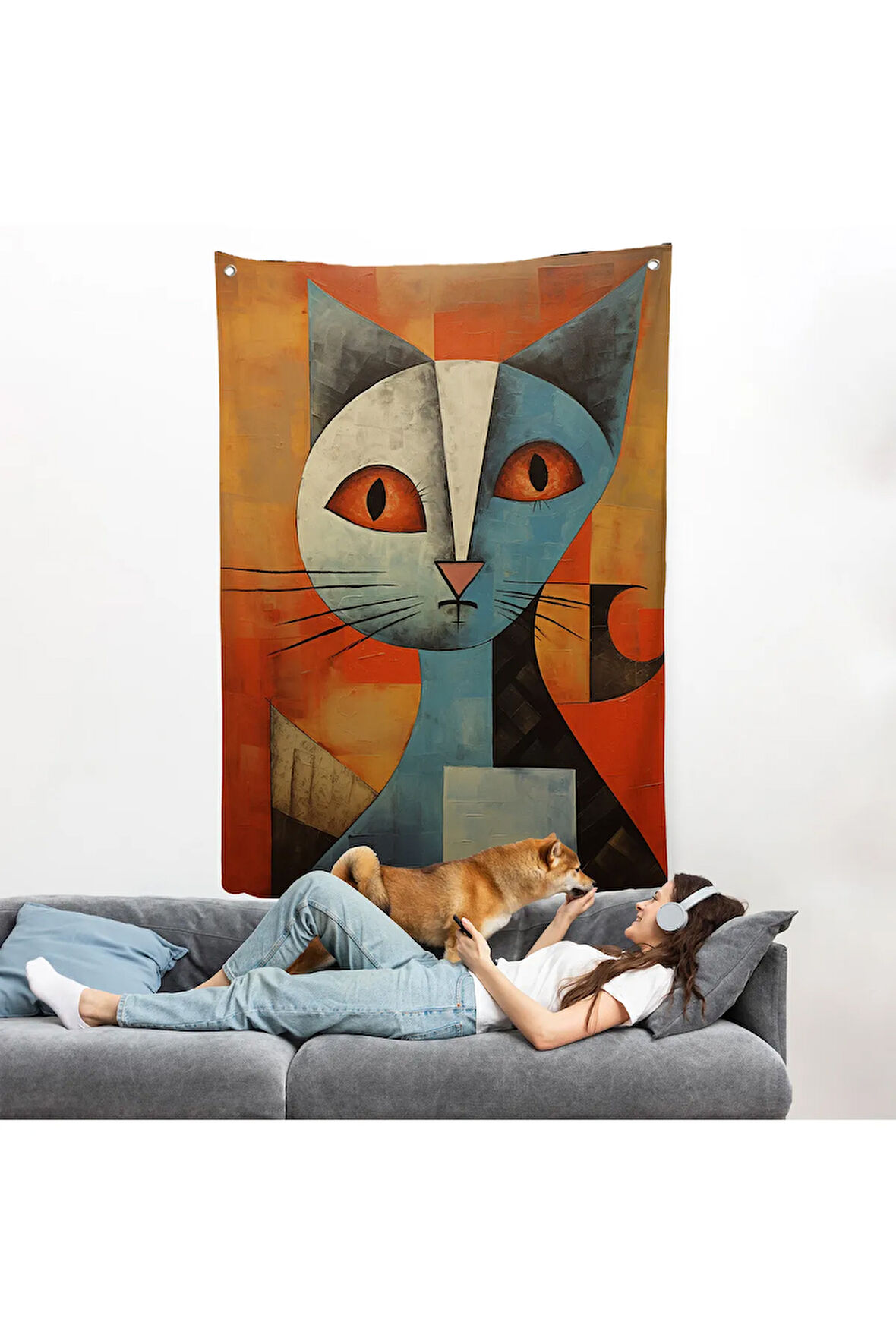 Pablo Picasso Tarzı - Soyut Renkli Kedi Duvar Örtüsü-7373