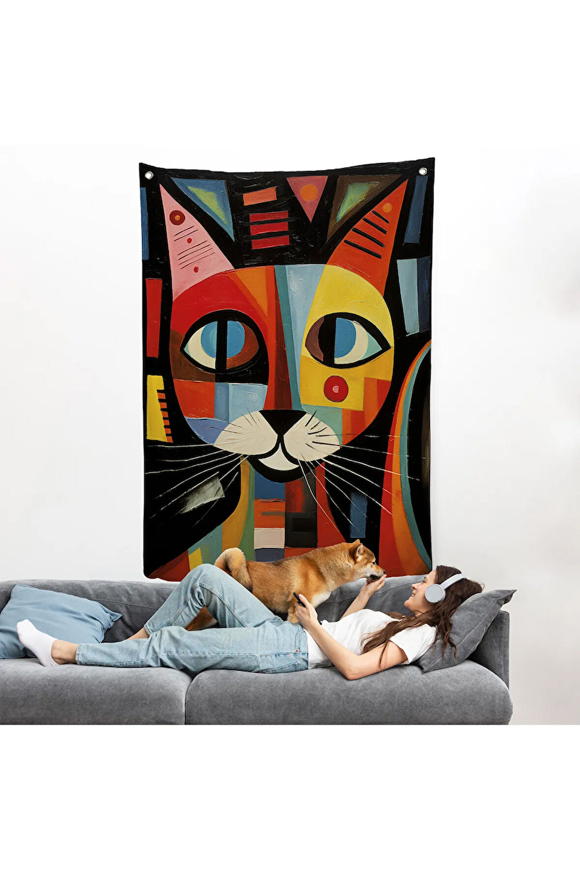 Pablo Picasso Tarzı - Soyut Renkli Kedi Duvar Örtüsü-7374