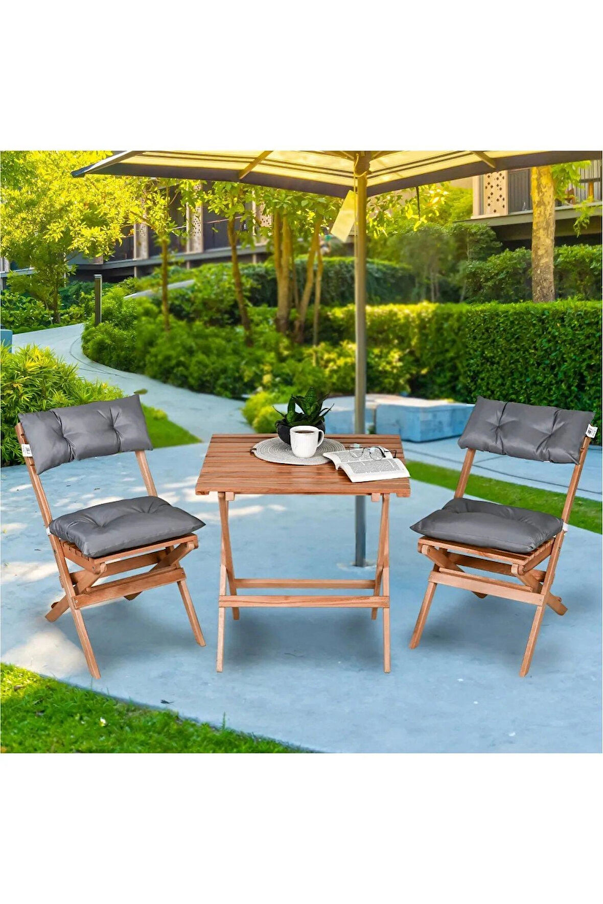 Reyo Ahşap Katlanır Puf Minderli 3'lü Bistro Set Bahçe Takımı Naturel Gri
