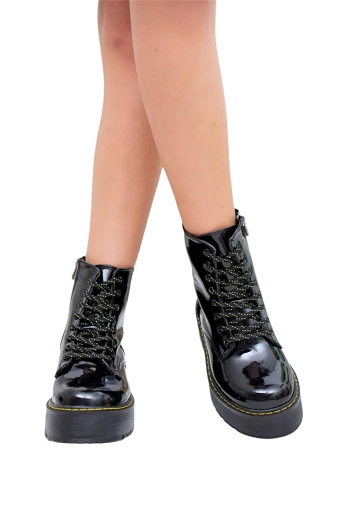Kadın Fermuarlı Bağcıklı Kalın Taban Kadın Bot SİYAH - SARI