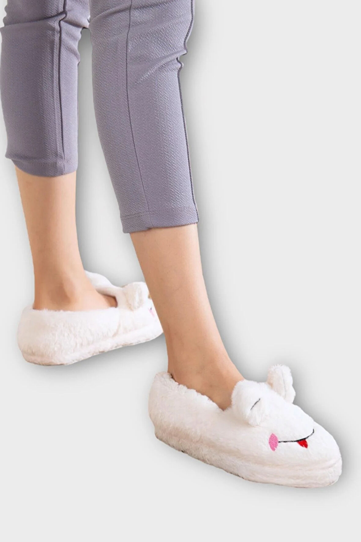 Kışlık Kadın Panduf Ev Ayakkabısı | Kurbağa Figürlü | Kaydırmaz Taban BEYAZ