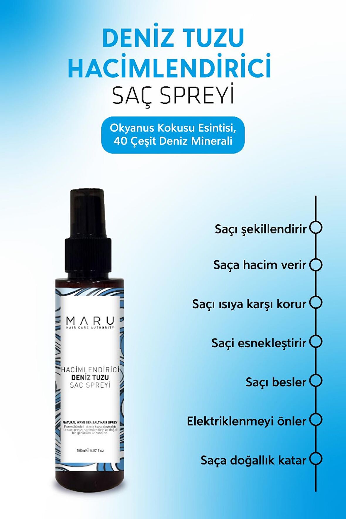 Maru Hacim Ve Dolgunluk Veren Deniz Tuzu Saç Spreyi 150 ml 8684382736782