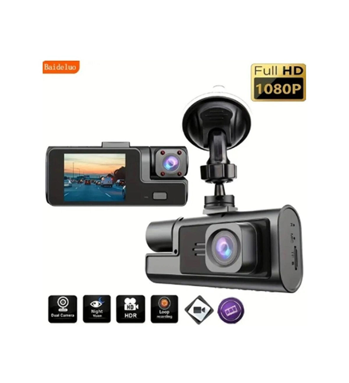 Üç Kameralı Araç İçi Kamera Cama Vantuzlu Geri Görüşlü 1080P Full HD