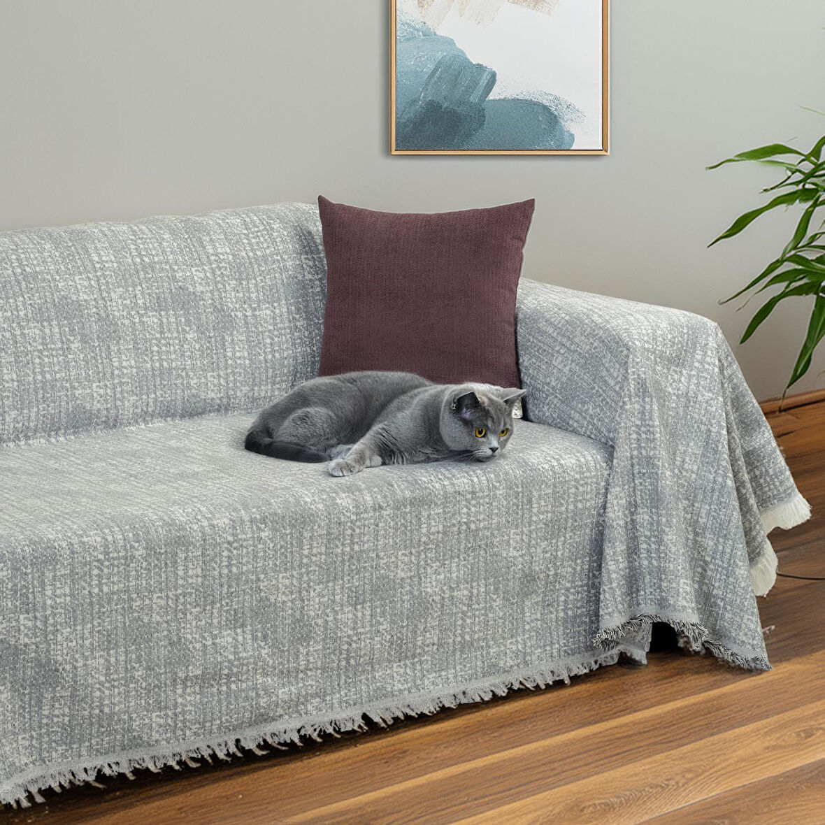 PureCot Premium Pamuklu Püsküllü Koltuk Örtüsü 180x220 Çift Taraflı Terletmez Kaymaz , Antrasit