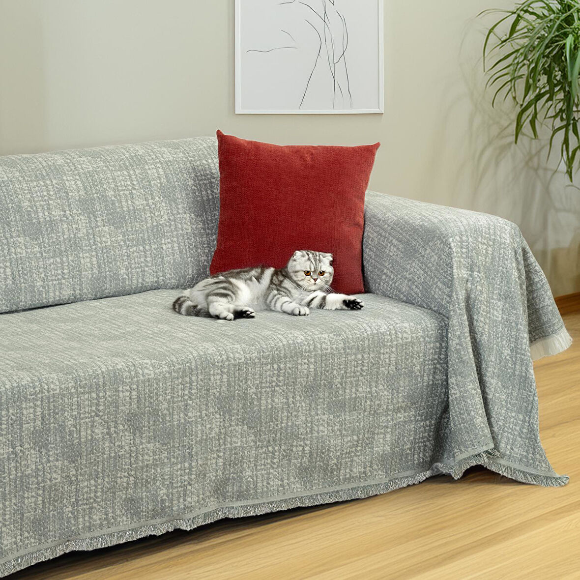 PureCot Premium Pamuklu Püsküllü Koltuk Örtüsü 180x220 Çift Taraflı Terletmez Kaymaz , Haki