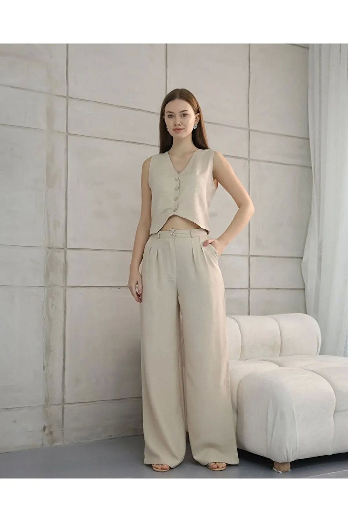 Rahat Form Yelekli Pantolon Takım Modern Fit Keten Takım