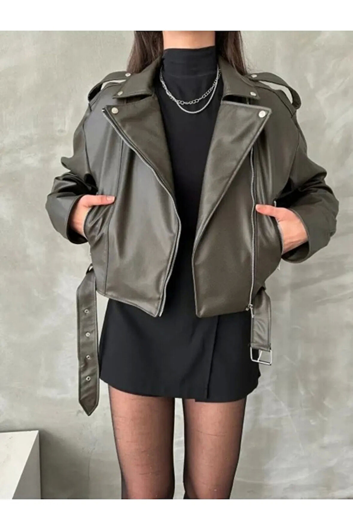 Kemerli Kadın Deri Ceket Yeni Sezon Oversize