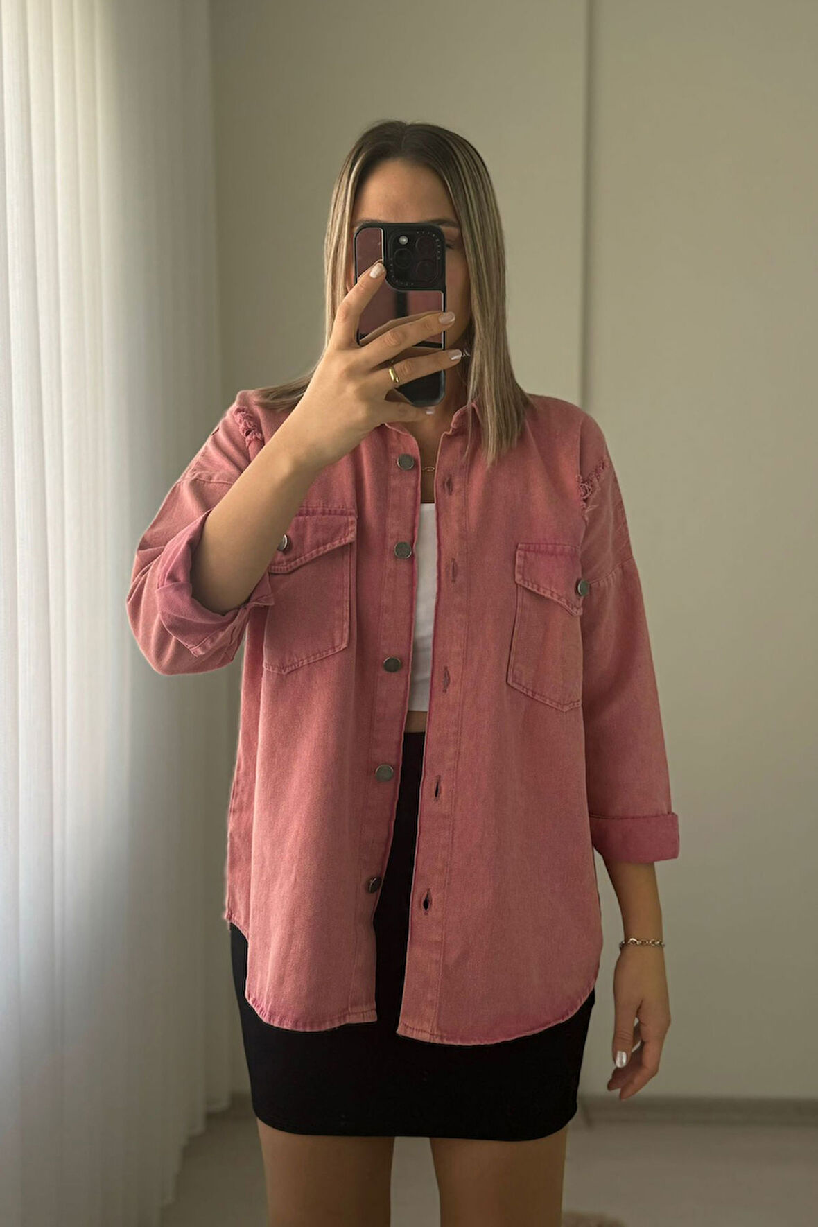 Oversize Yırtık Detay Gül Kurusu Gabardin Gömlek Ceket