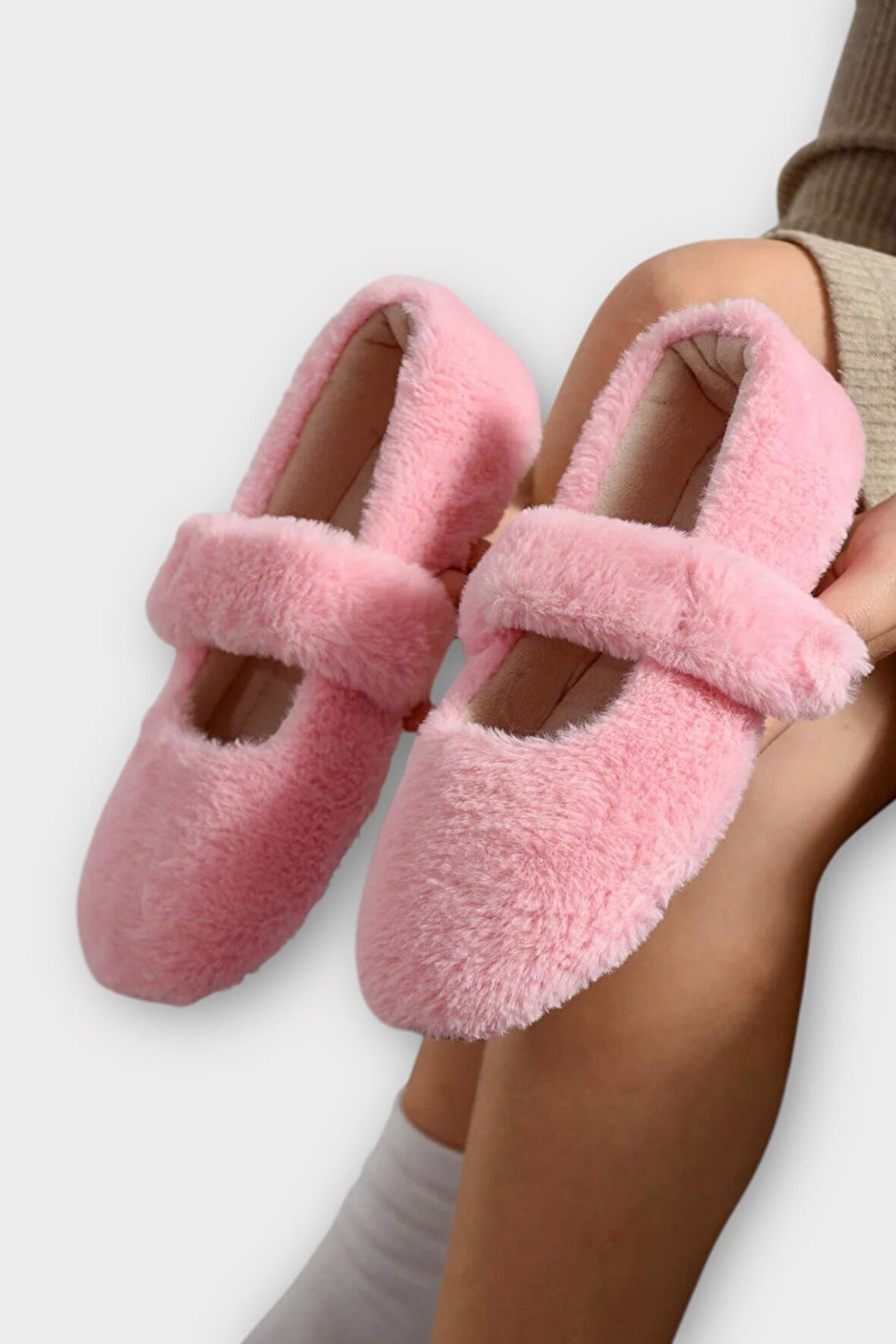 Tüylü Tek Kemer Cırtlı Panduf Kadın Ev Babeti PEMBE