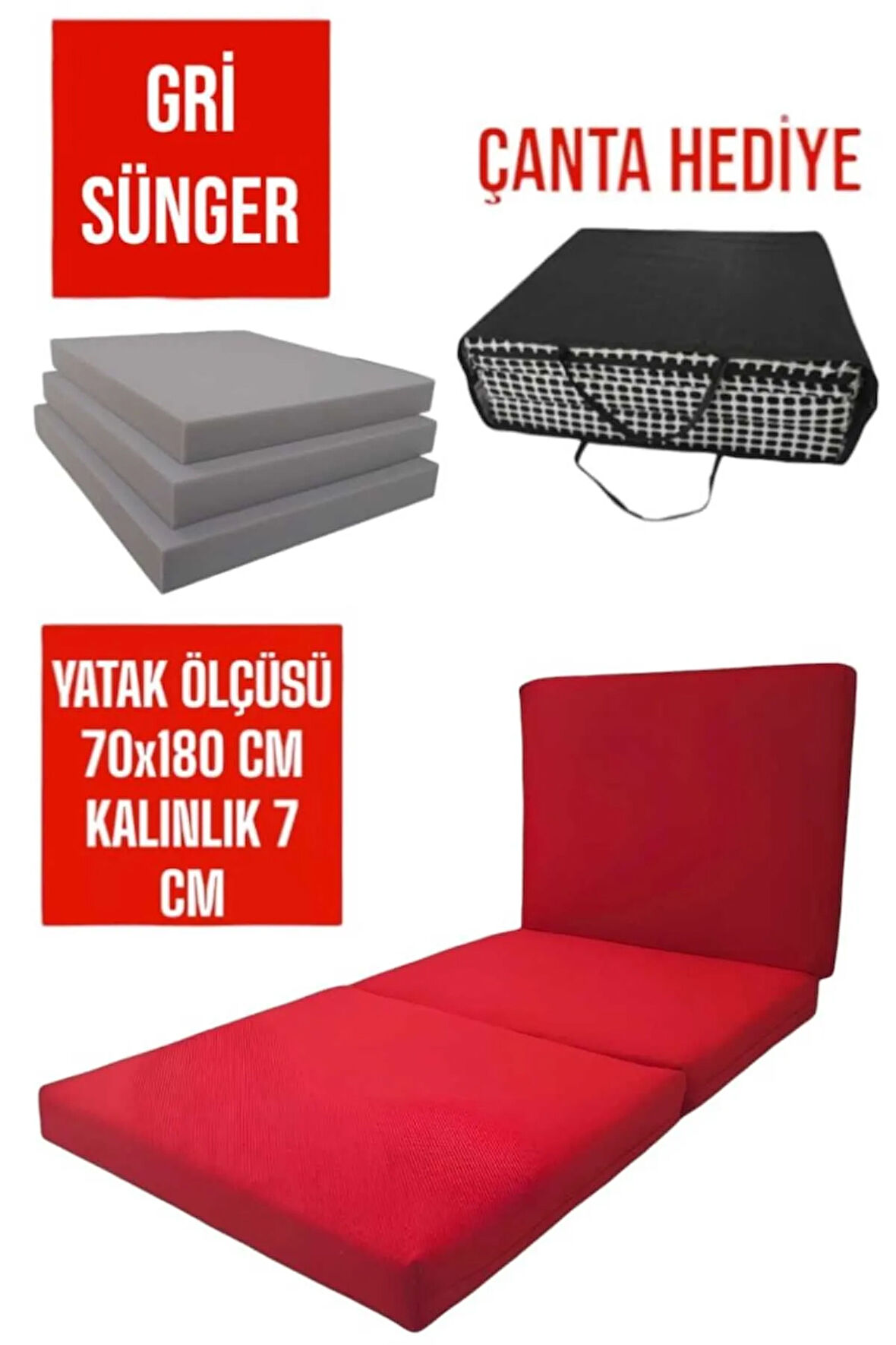 Katlanır Yer Yatağı-sünger Yatak-minder Yatak-(70X180CM KALINLIK 7CM)-çok Amaçlı Yatak-Kırmızı