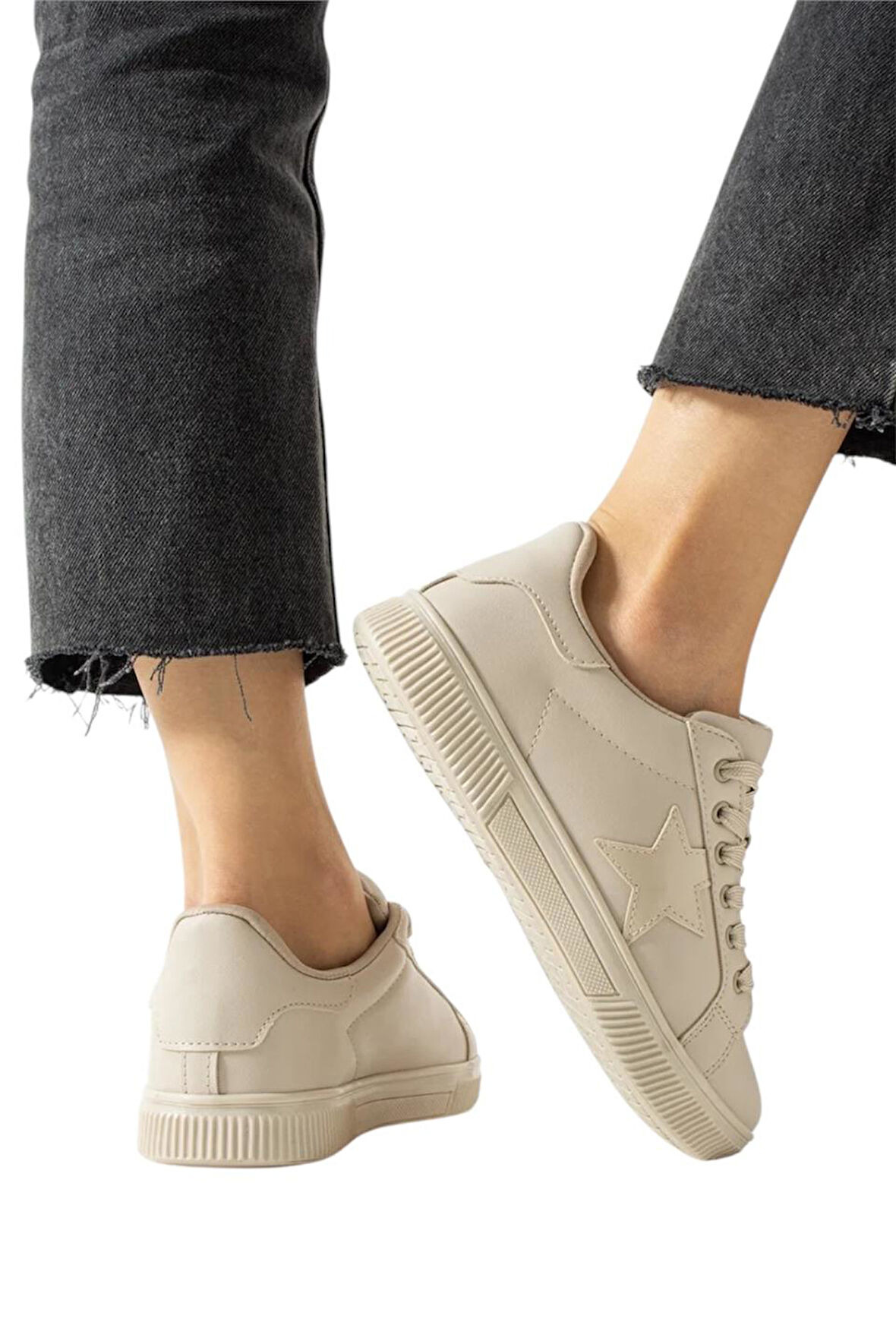 Yıldızlı Spor Kadın Sneaker Ayakkabı BEJ