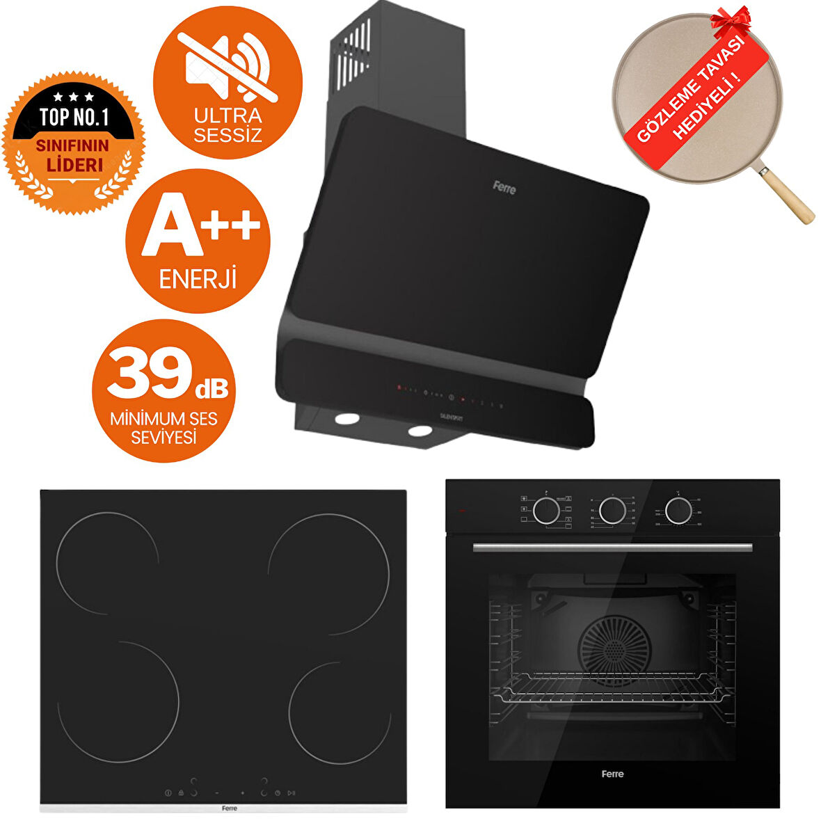 Ferre FryArt&FlowArt Rosso Sessiz Davlumbaz Elektrikli Siyah Ank. Set (D080-SA + MS261 + QXE62CS)