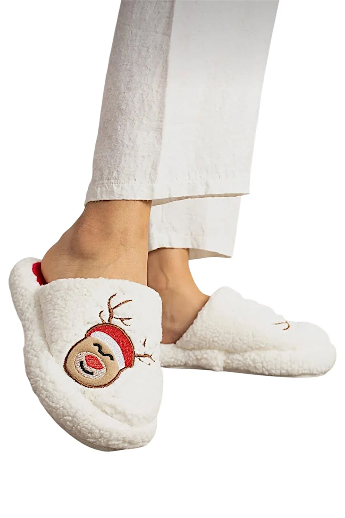 Kadın Pofuduk Nakışlı Ev Terliği Çeyiz Bohça Terliği Valentine's Day BEYAZ - VİZON