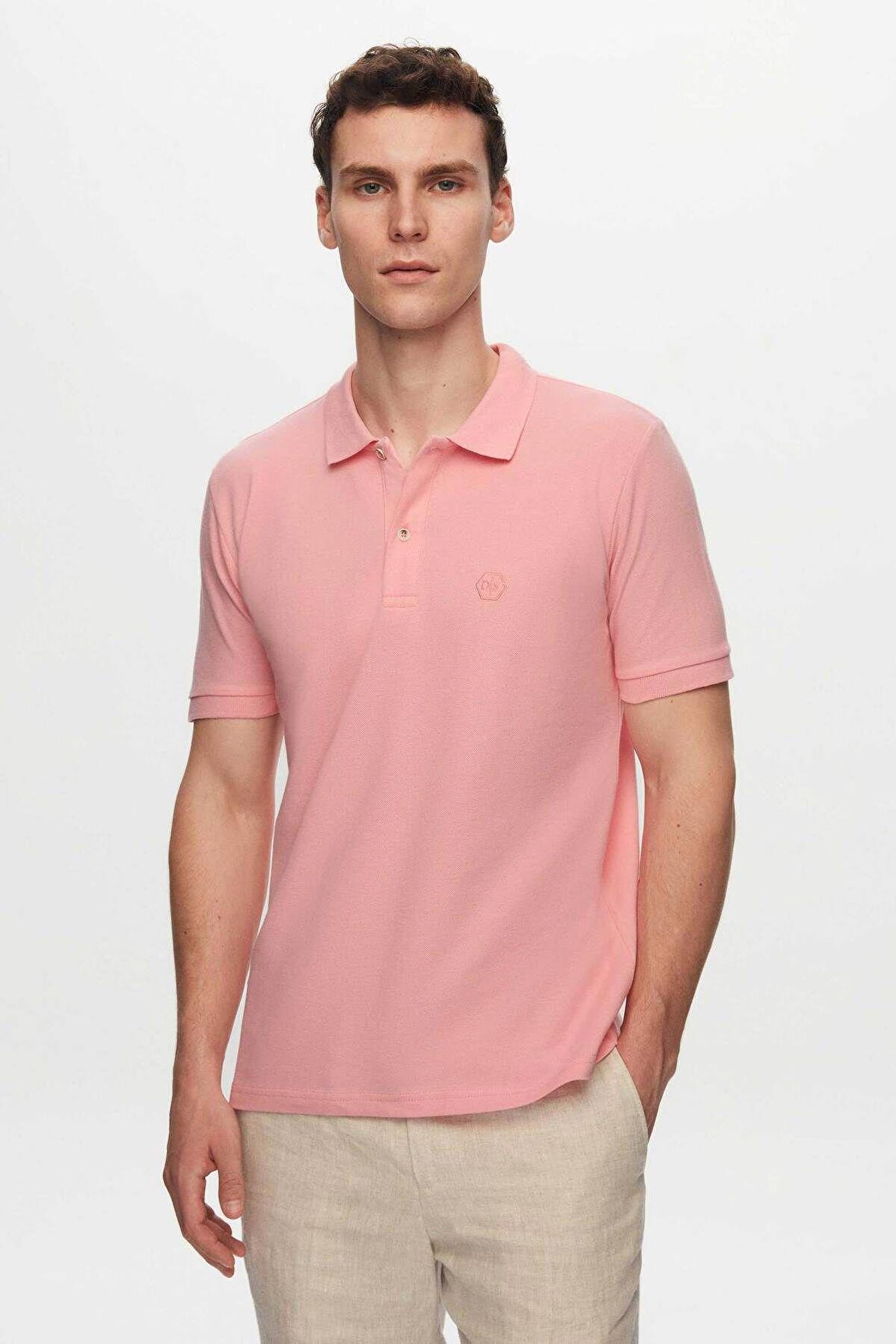 Ds Damat Regular Fit Pembe Pike Dokulu %100 Pamuk Kıvrılmaz Polo Yaka Nakışlı T-Shirt 4HC14ORT51000