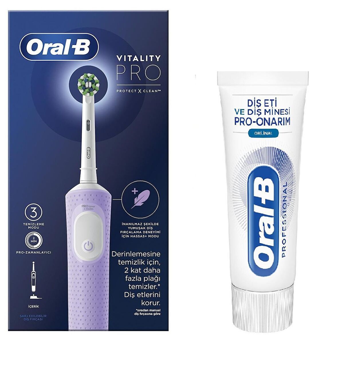 Oral-B Şarjlı Elektrikli Diş Fırçası Vitality Pro Lila +Oral-B Pro Onarım 50ML Diş Macunu