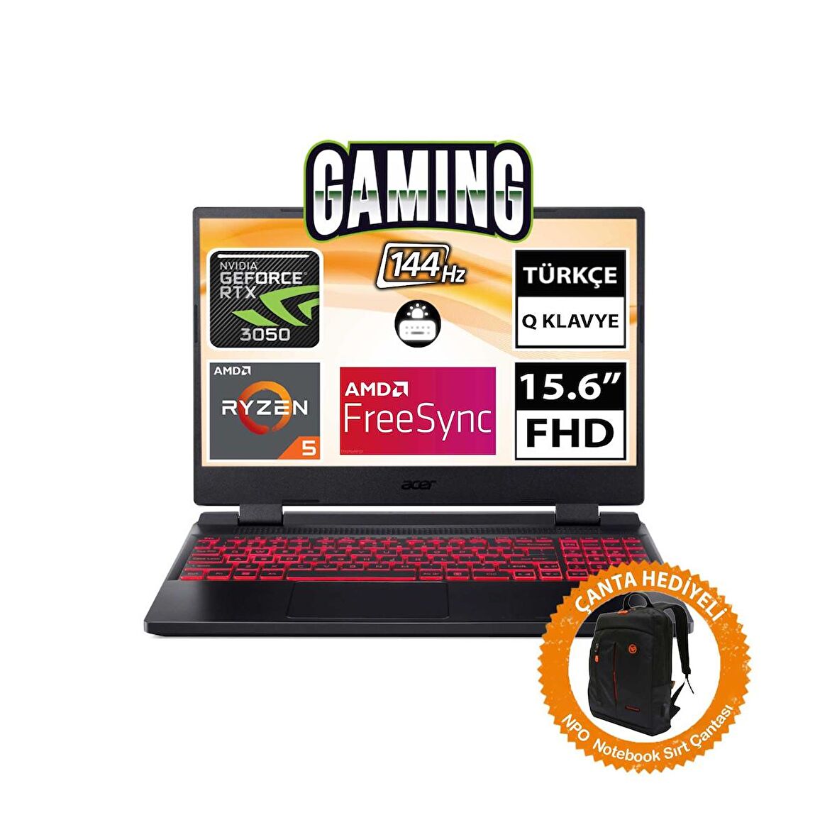 Acer Nitro 5 AN515-46-R22Y NH.QGXEY.001A9 Ryzen5 6600H 64GB 512SSD RTX3050 15.6" FullHD FreeDOS Taşınabilir Bilgisayar-CNT010