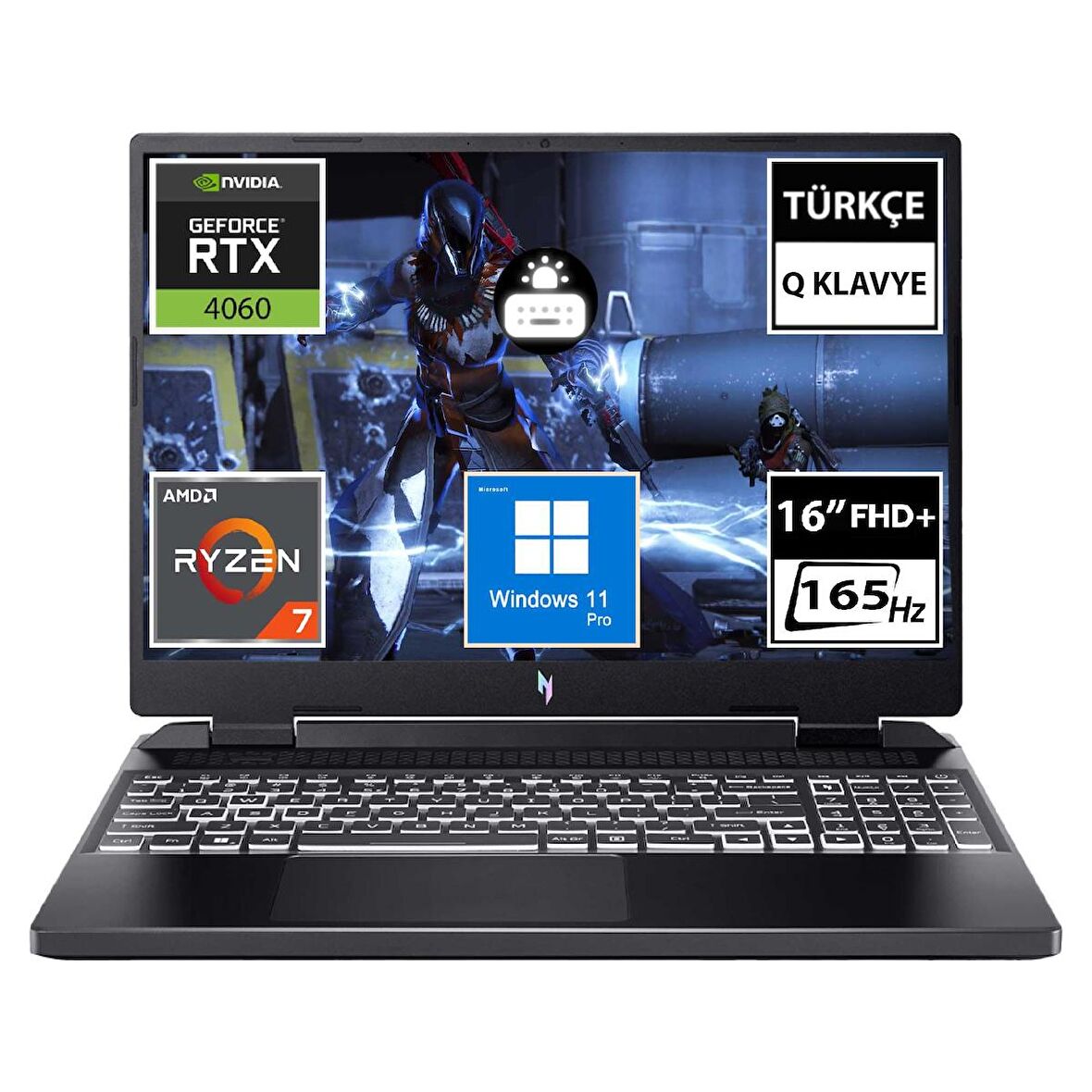 Acer Nitro 16 AN16-41-R08S NH.QLLEY.002A17 Ryzen7 7840HS 16GB 512SSD RTX4060 16" FullHD+ W11P Taşınabilir Bilgisayar