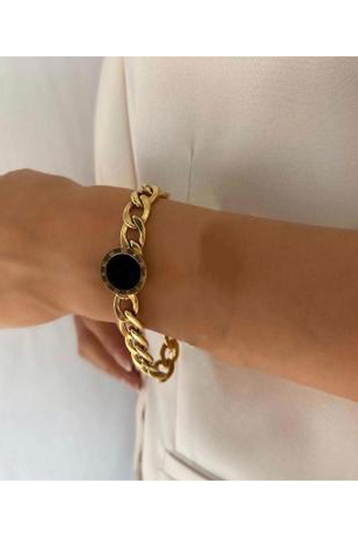 Kadın için Yuvarlak Siyah içli Roma Rakamlı Vintage Kalın Zincir Gold Çelik Bileklik 2 Yıl Garanti Belgeli