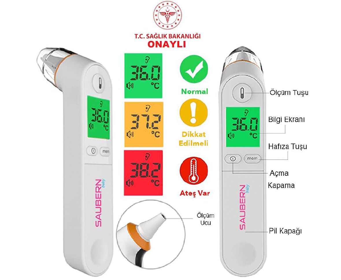 Saubern BNT9601 Kulaktan Ateş Ölçer - Dijital Termometre - Işıklı Ekran