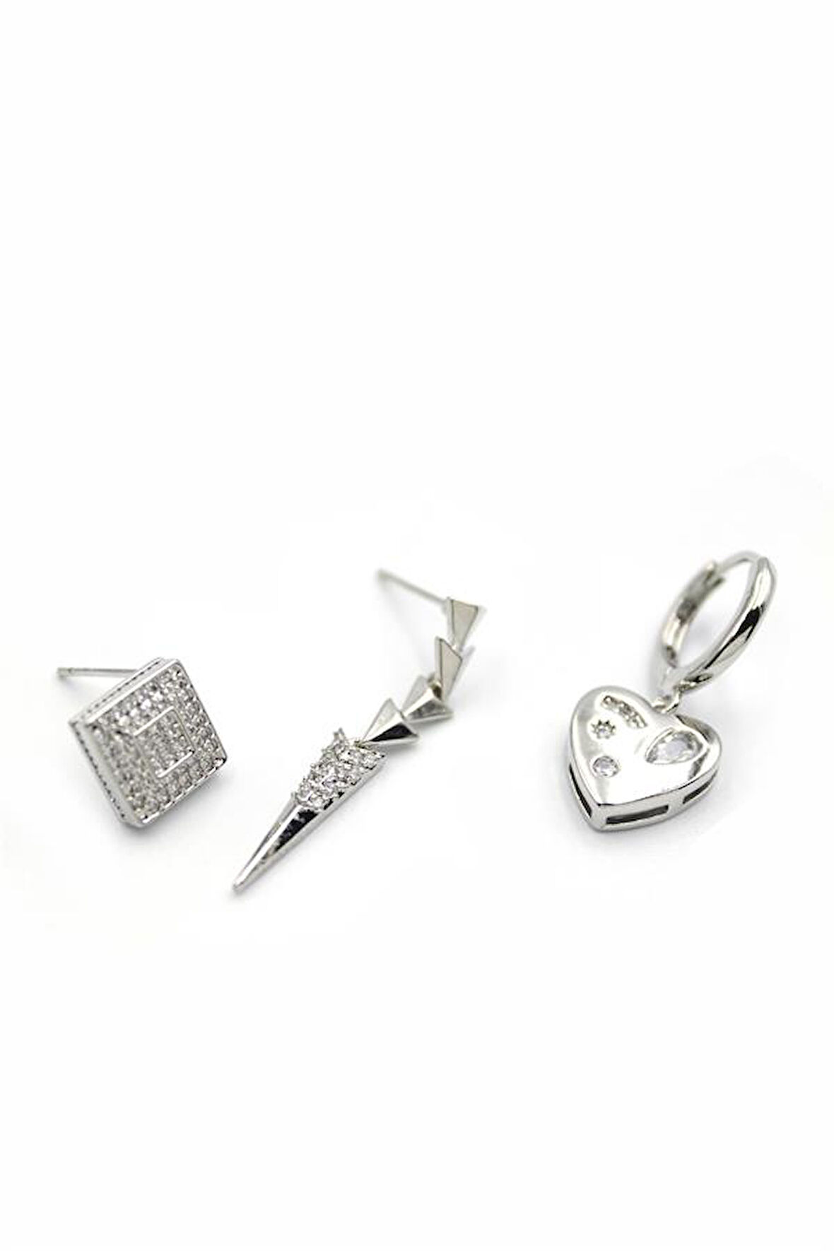 3'lü Kalp Küpe - Gümüş Rengi