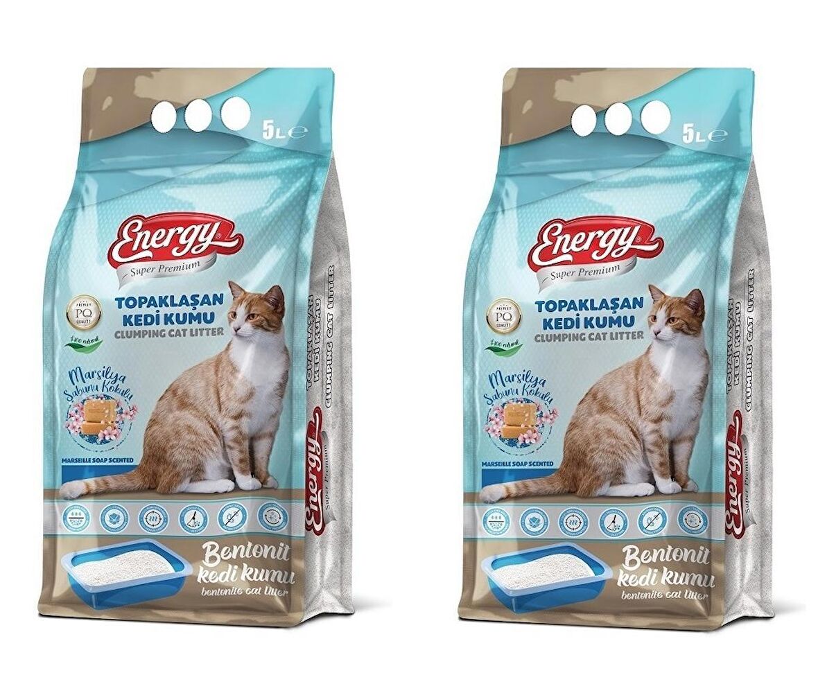 Energy Marsilya Sabunu Kokulu İnce Taneli Topaklaşan Bentonit Kedi Kumu 2 x 5 Paket= 10 Litre