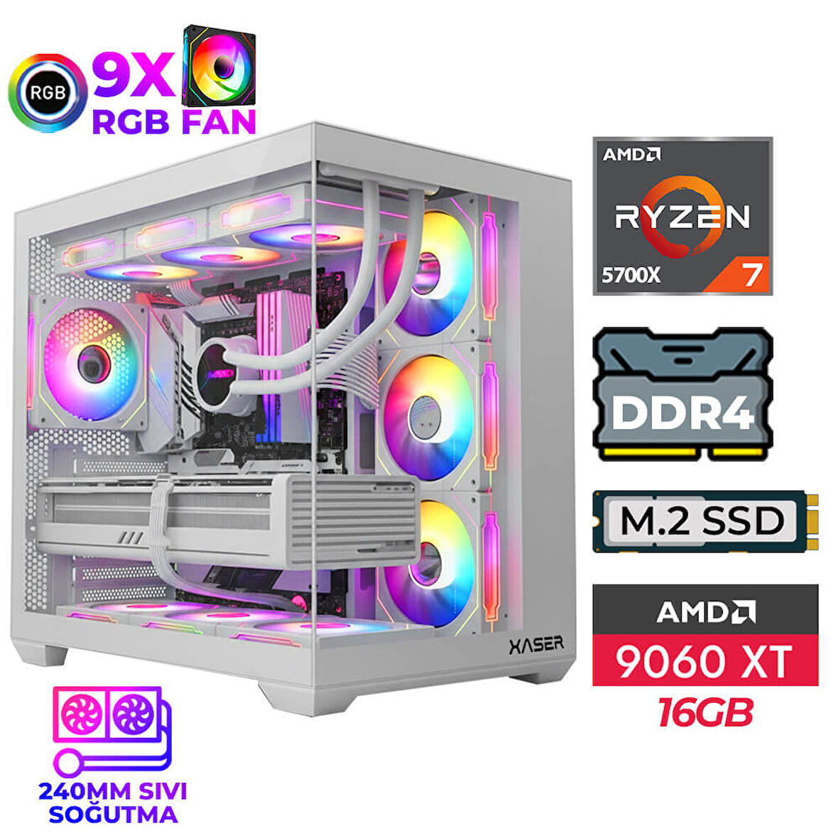 Xaser Lexus x741 Ryzen 7 5700X 32GB Ram 1TB M.2 NVMe SSD 16GB RX9060 XT Sıvı Soğutmalı Oyuncu Bilgisayarı