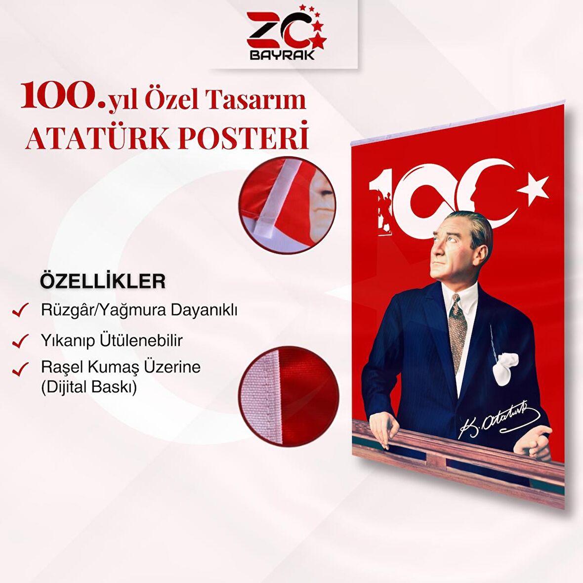 100.Yıl Özel Tasarım Atatürk Poster Bayrak Raşel Kumaş Dijital Baskı 70x105