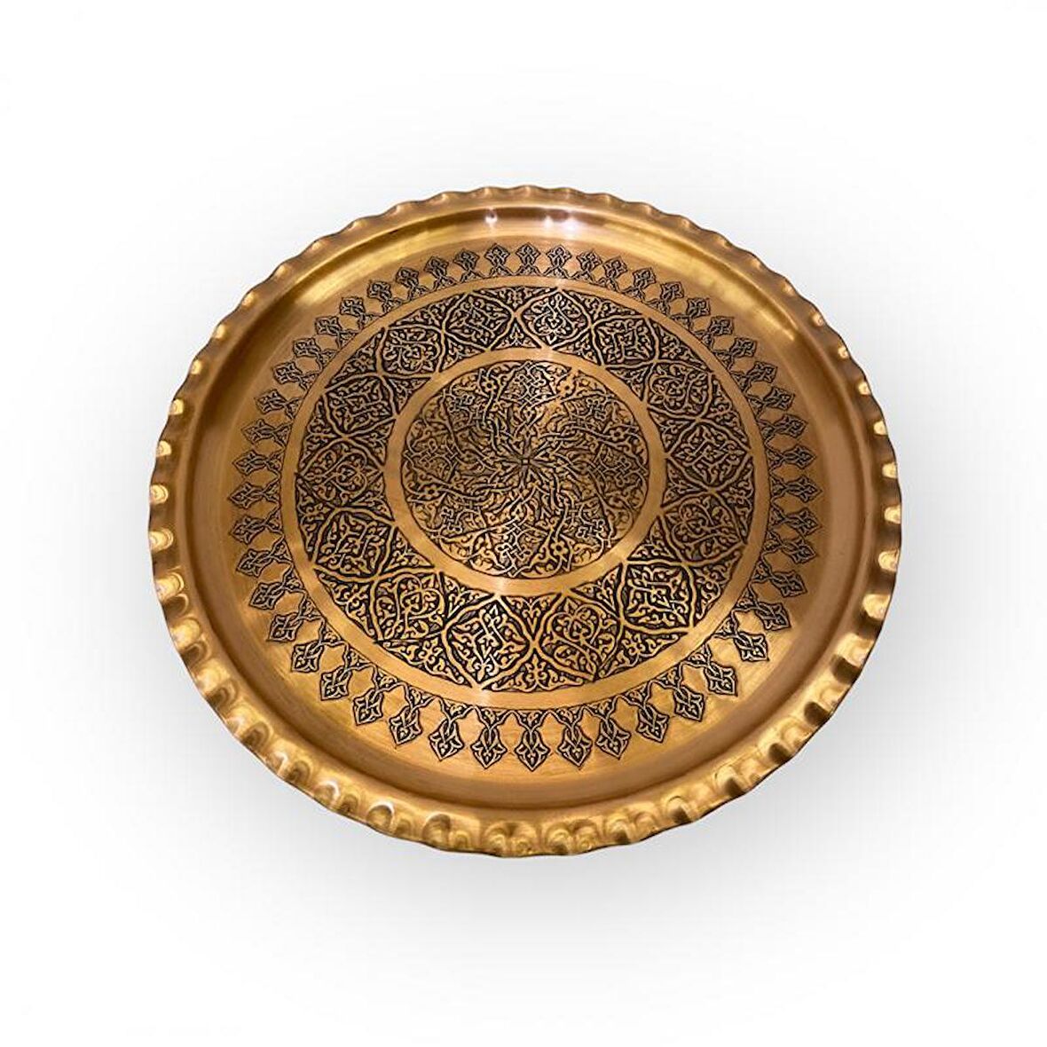 İşlemeli Çirtikli Skoç Eskitme Bakır Tepsi 35cm