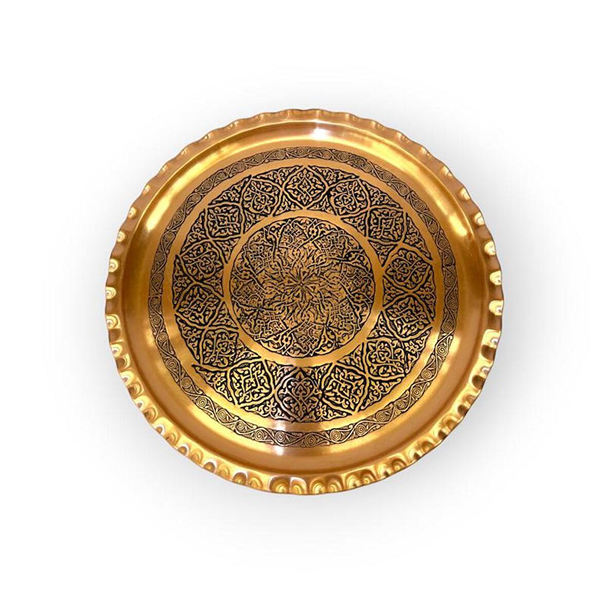 İşlemeli Çirtikli Skoç Eskitme Bakır Tepsi 32 cm