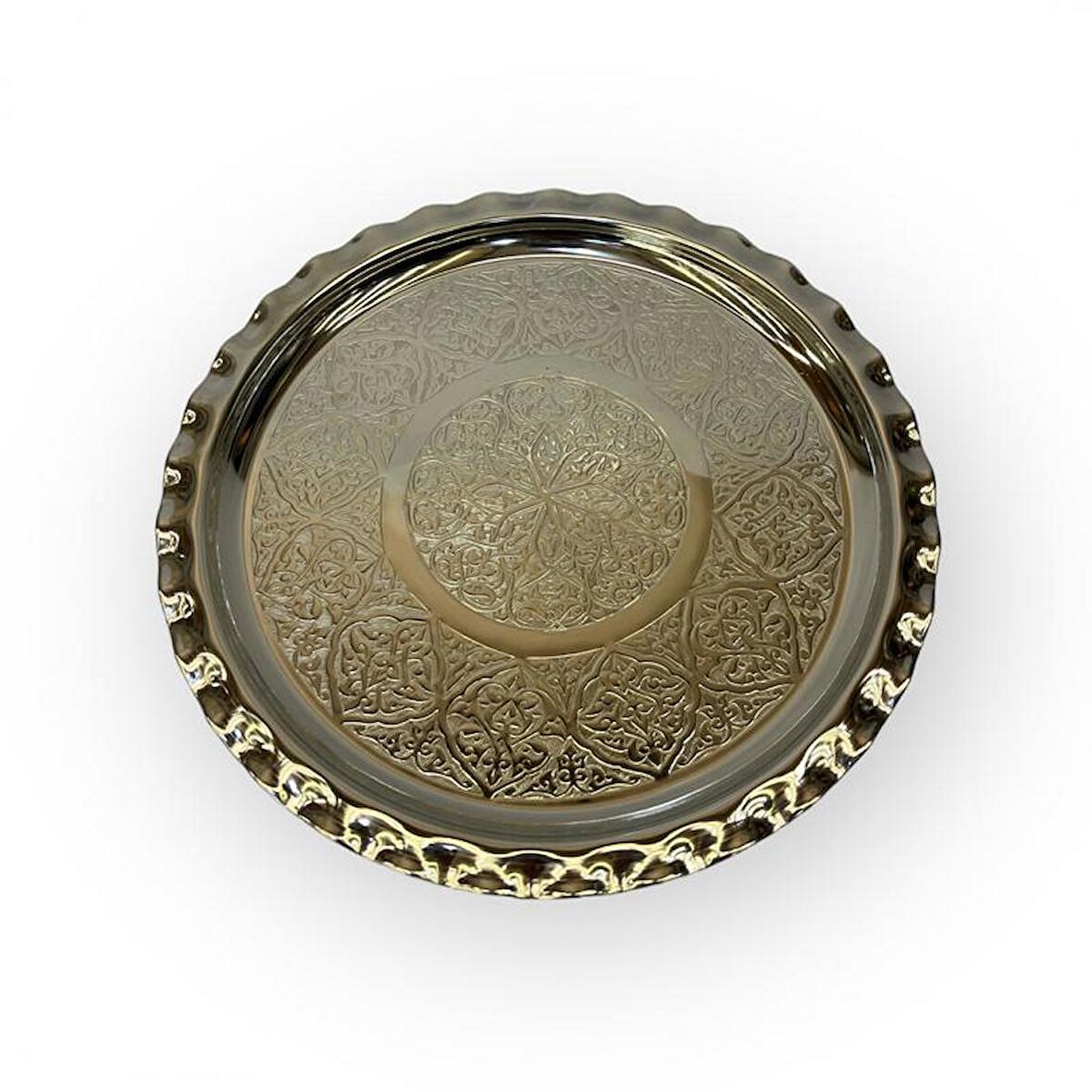 İşlemeli Çirtikli Nikelajlı Bakır Tepsi 24 cm