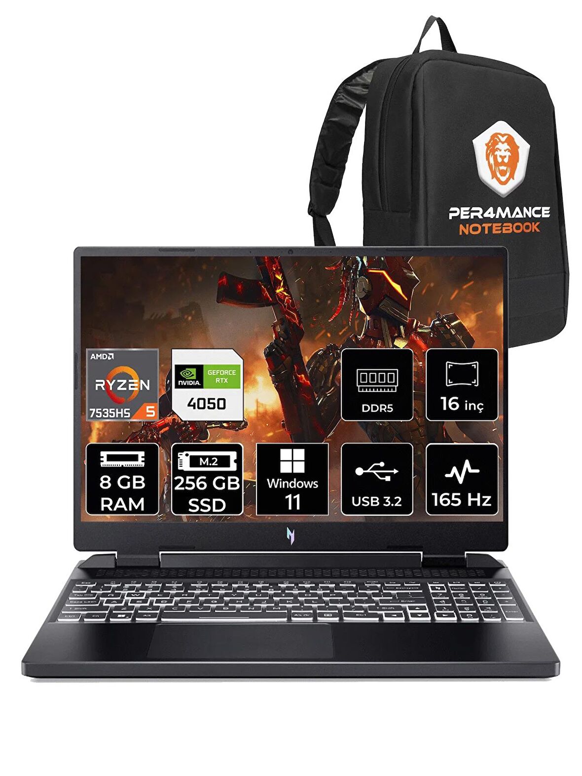 ACER Nitro 16 R5 7535HS 8GB 256GB SSD RTX4050/6GB 165HZ 16'' WUXGA W11H NH.QKBEY.003 & PER4 ÇANTA