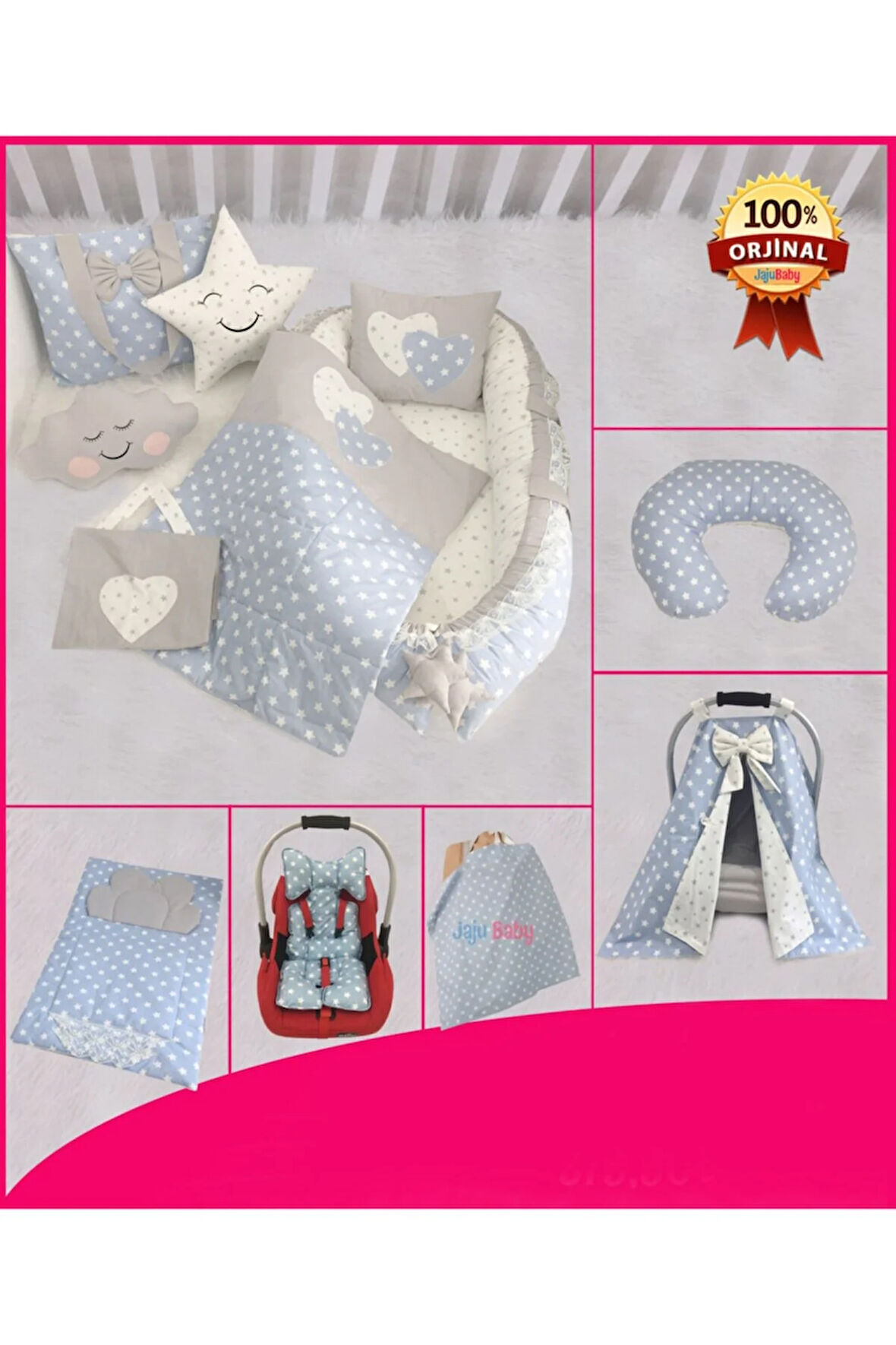 Nest Mavi Yıldızlı 12 Parça Set Lüx Jaju-babynest Anne Yanı Bebek Yatağı Set