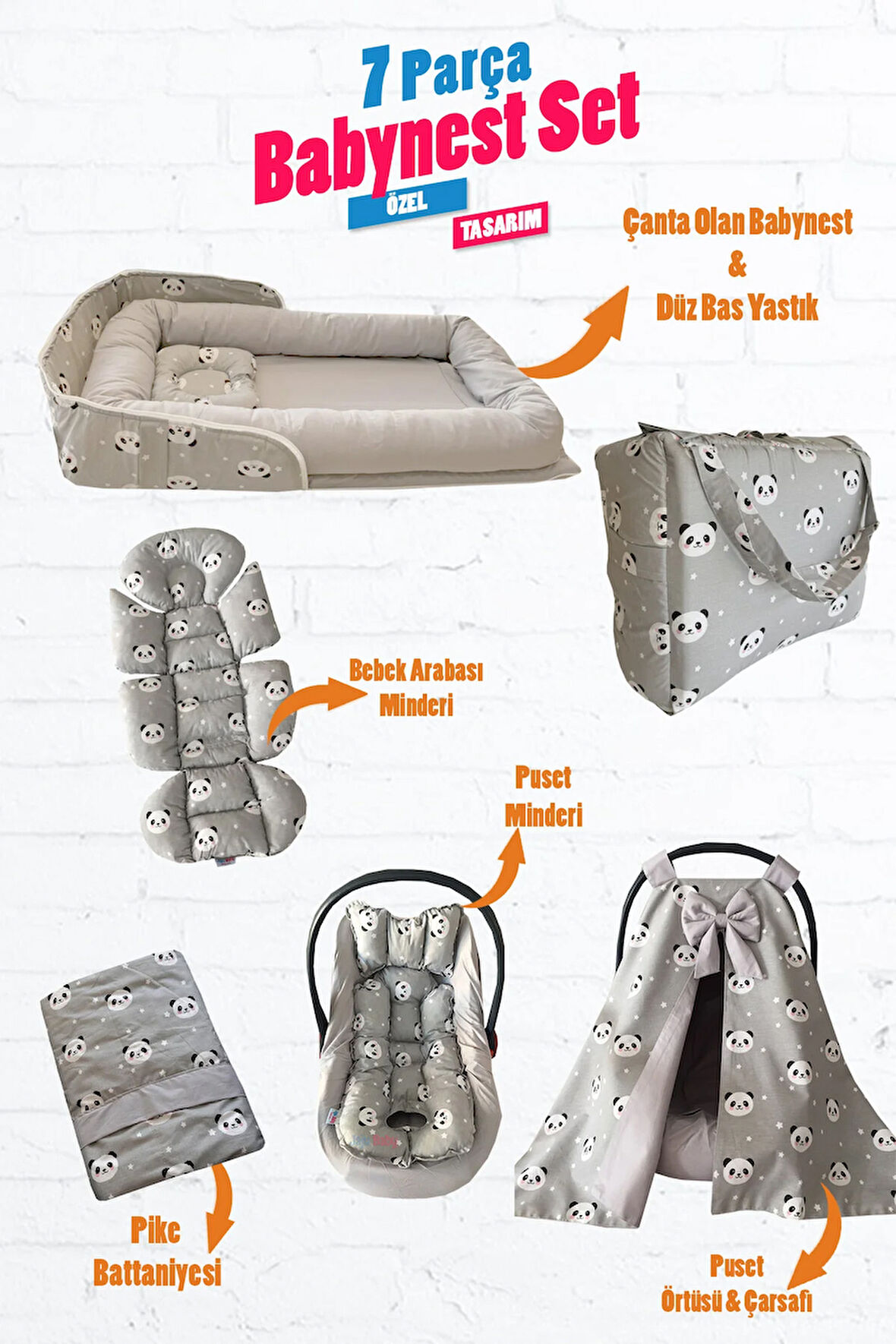Gri Panda 7 Parça Çantalı Baby Nest ve Puset Örtüsü Set Çanta Babynest Set
