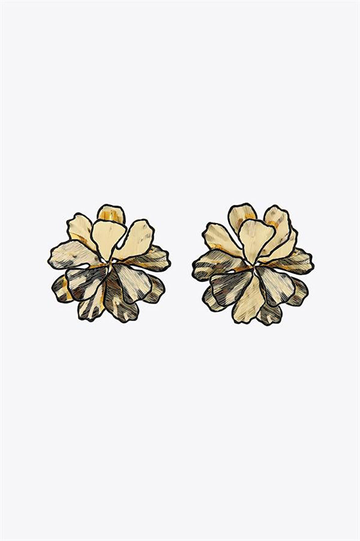 Siyah Detaylı Çiçek Küpe - Altın