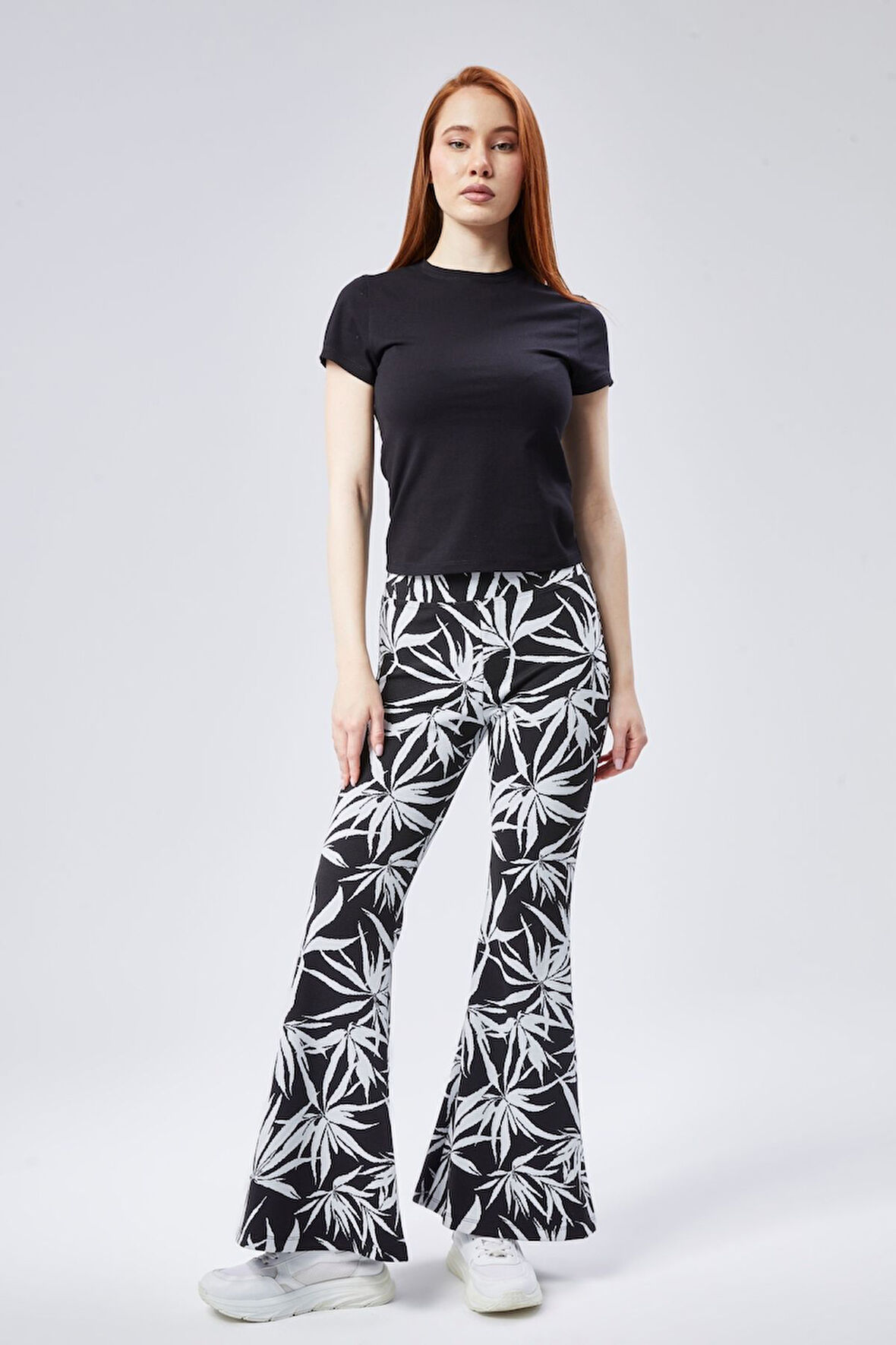 Kadın Yeşil Desenli Yüksek Bel Esnek İspanyol Paça Tayt Pantolan