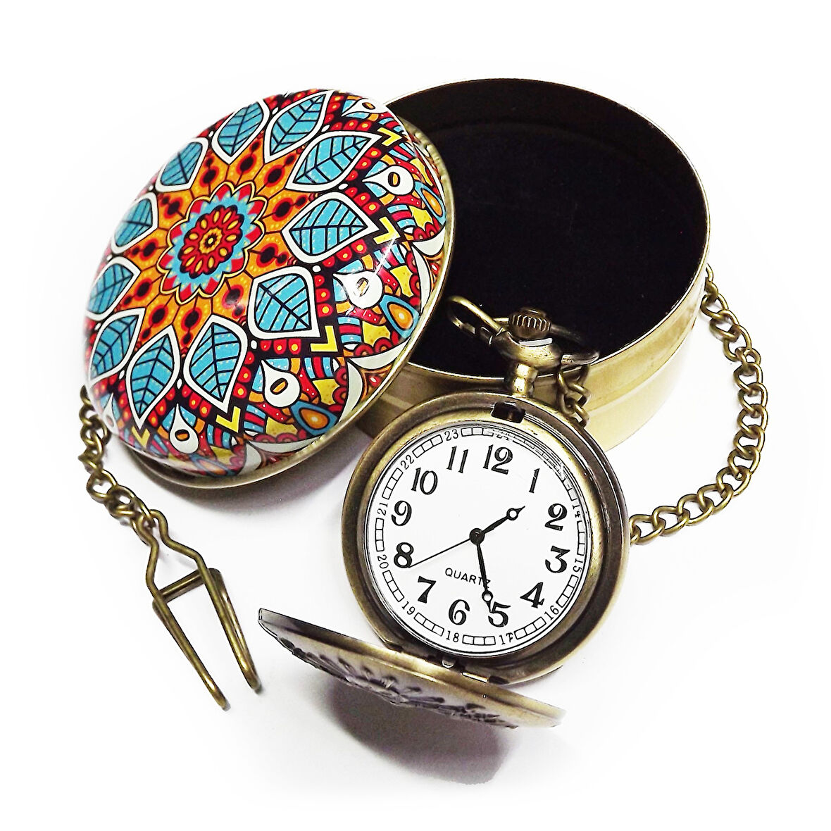 Osmanlı Armalı Zincirli Pilli Pirinç Köstekli Saat Osmanlı Motifli Metal Kutulu