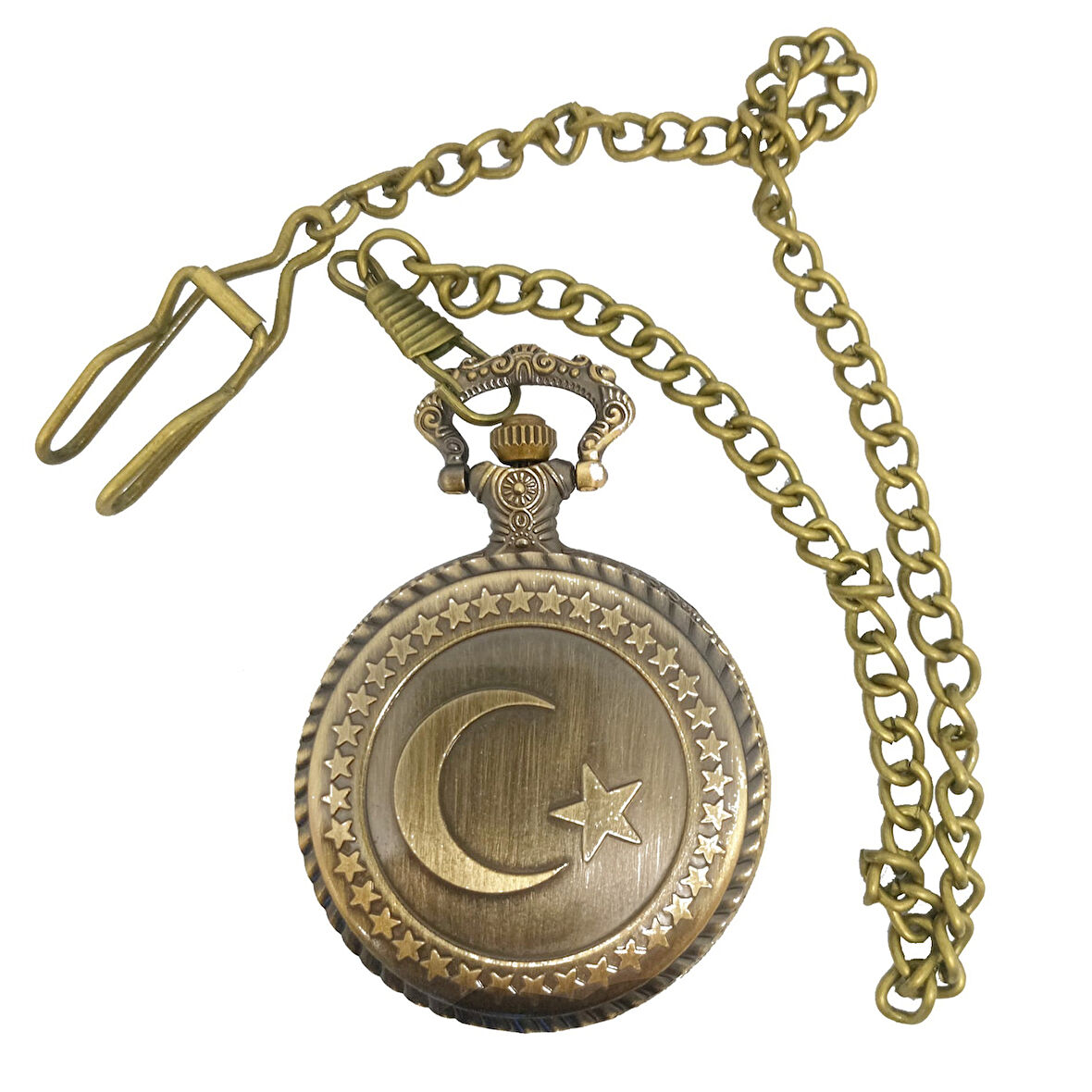 UpWay Ay Yıldız Desenli Pilli Pirinç Köstekli Saat Çini Desenli Metal Kutulu