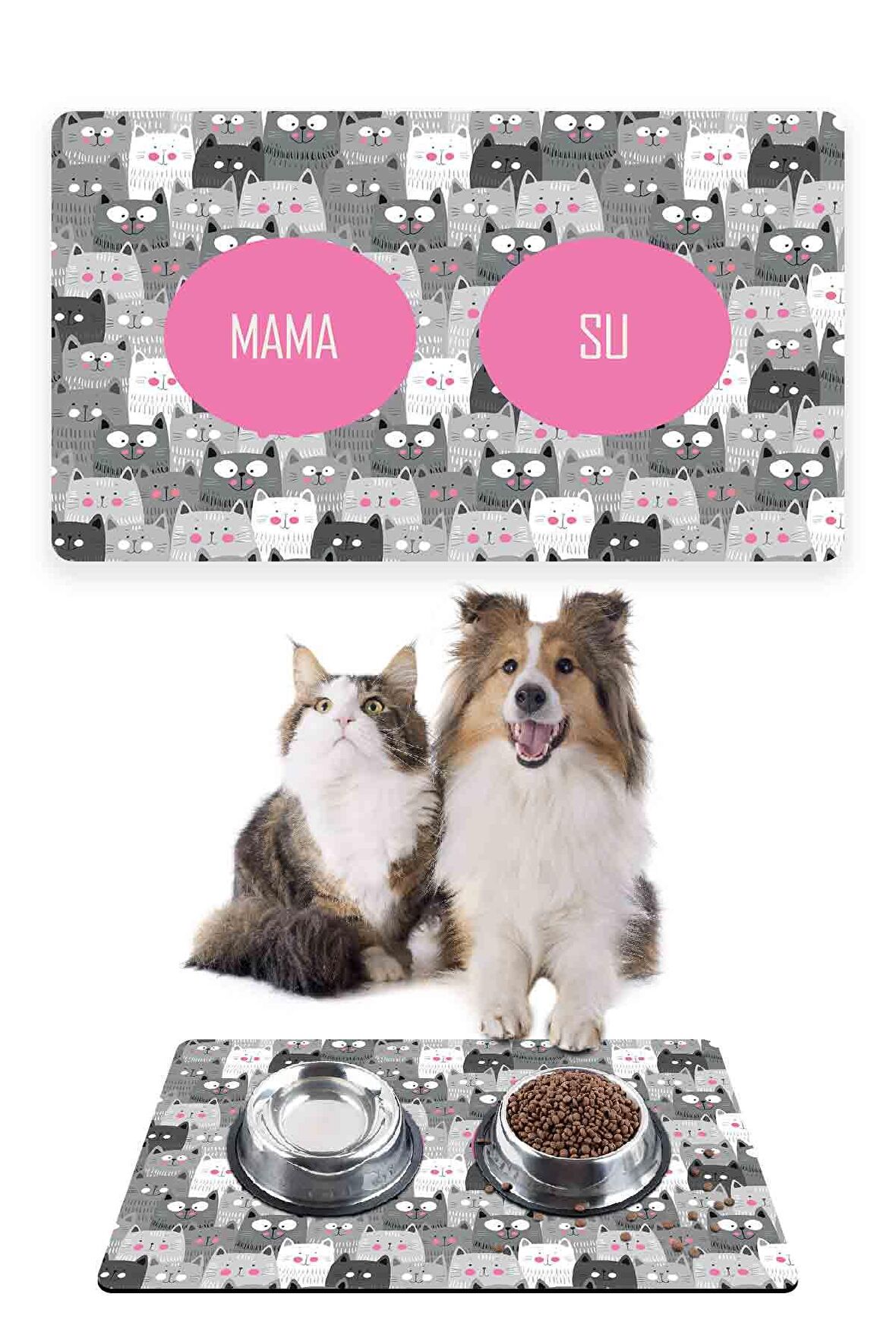 Gri Sevimli Kediler Kedi Köpek Mama Altlığı Mama Paspası 50x35cm